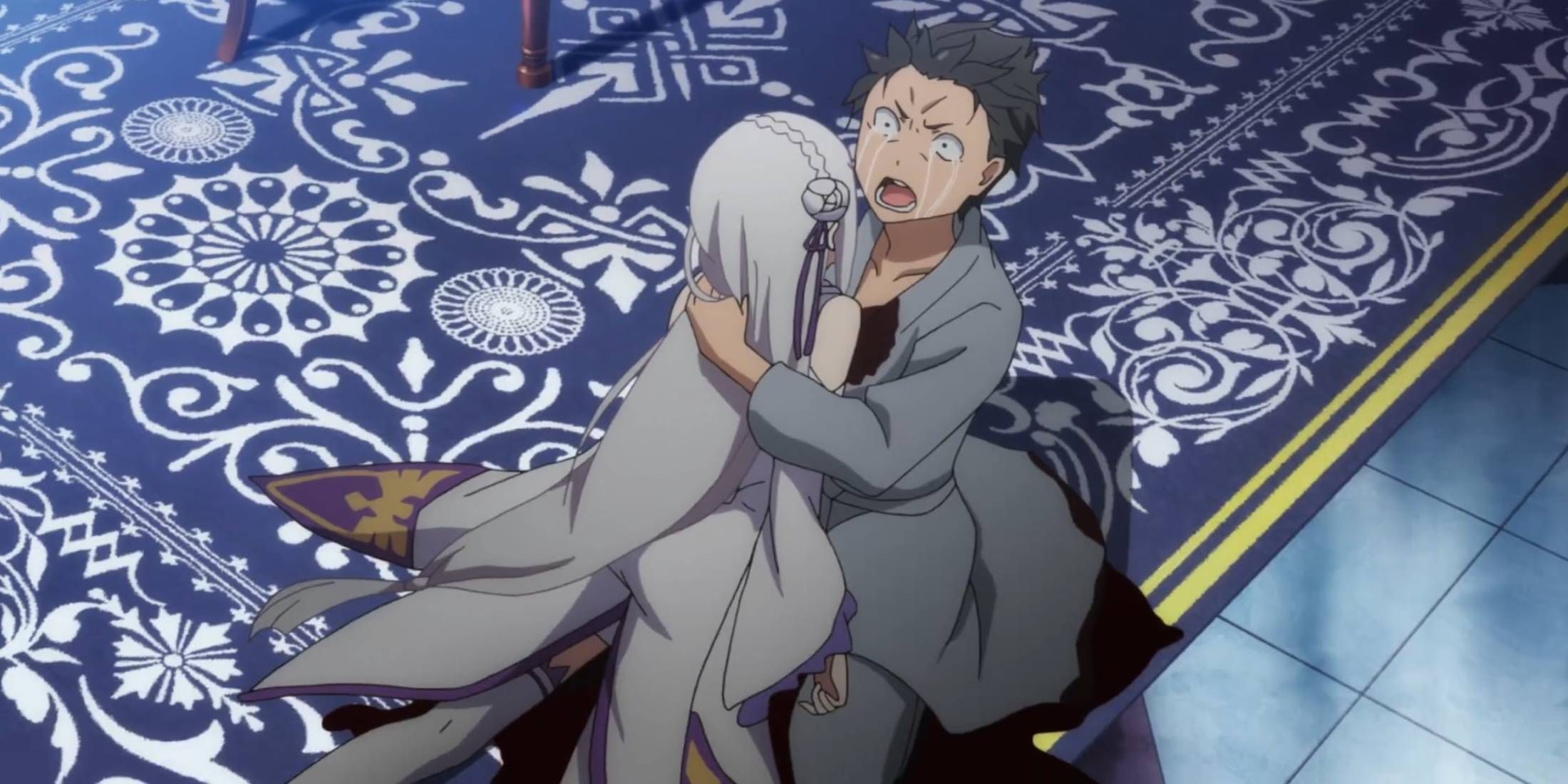 A crying Subaru holding Emilia on the floor seen in Season 1 Episode 17 ReZero Starting Life in Another World