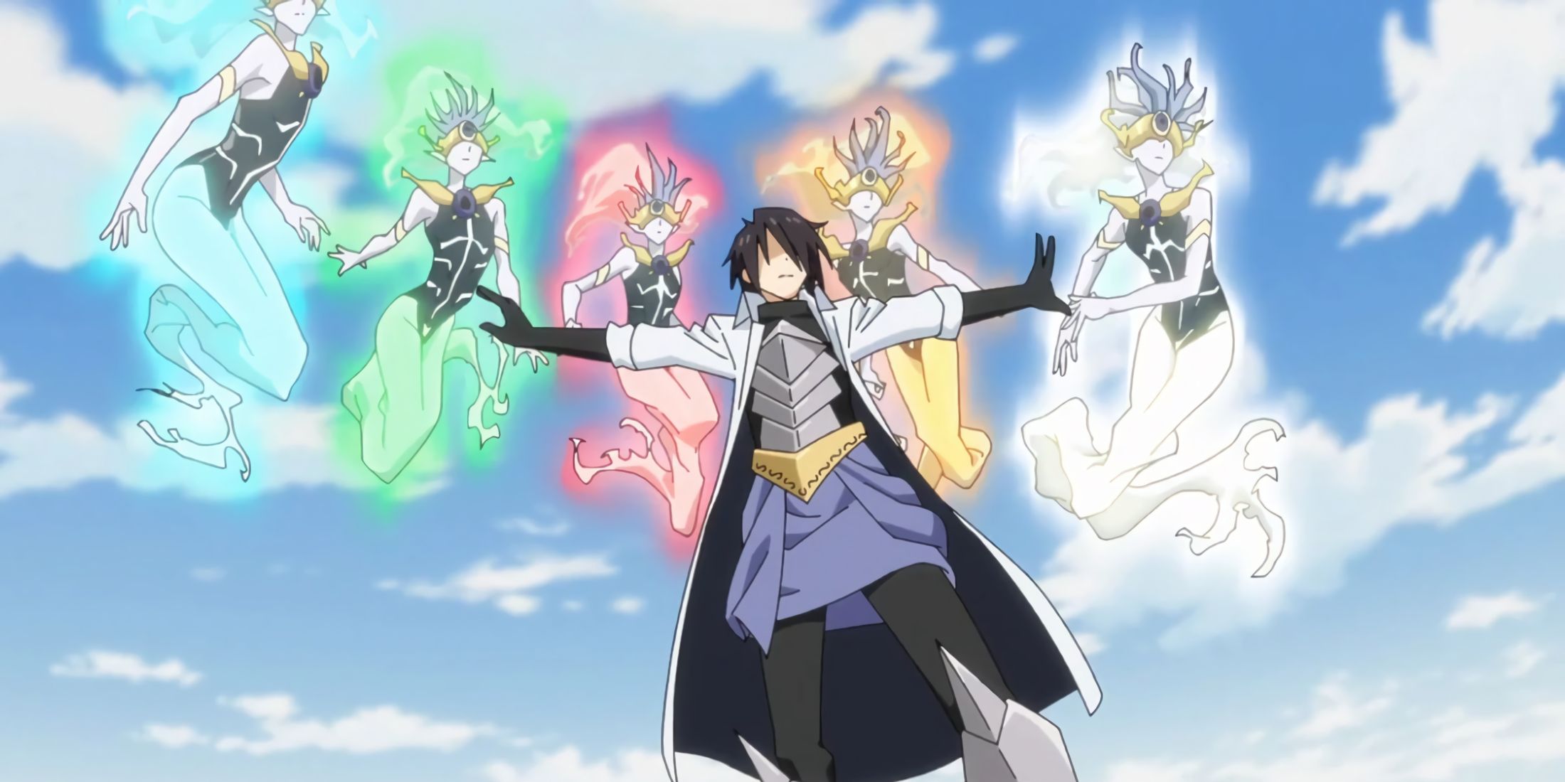 A group of Elementals surrounding a mage to help him fight.