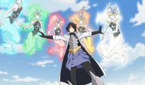 A group of Elementals surrounding a mage to help him fight.
