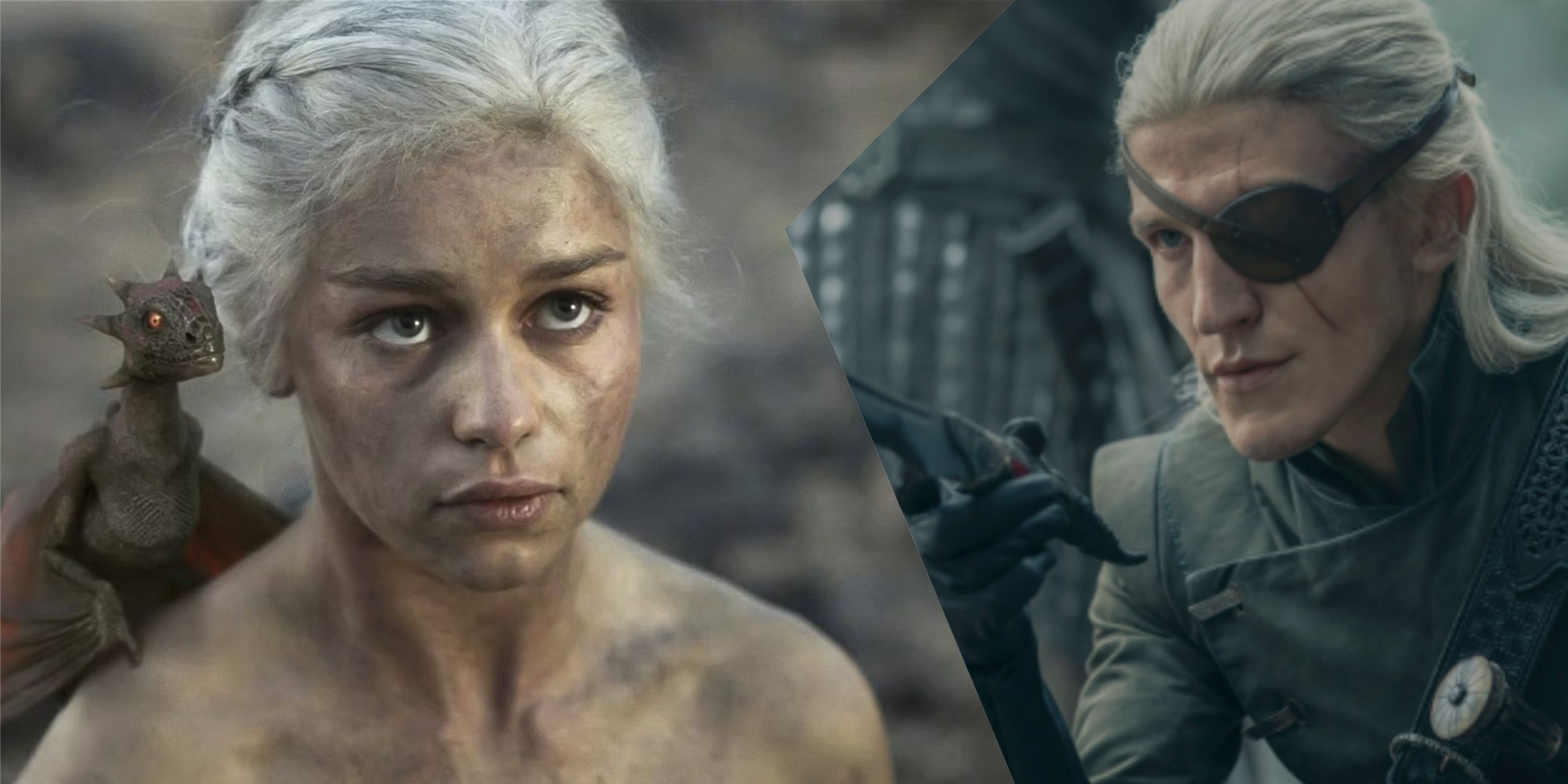 A split image of Daenerys in Game of Thrones and Aemond in House of the Dragon