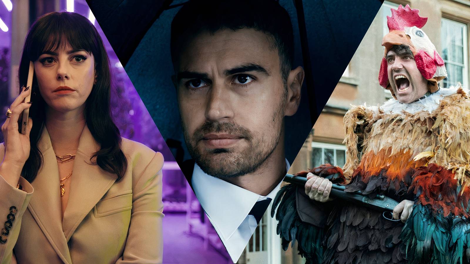 A split image of Susie, Eddie, and Freddy in Netflix's The Gentlemen