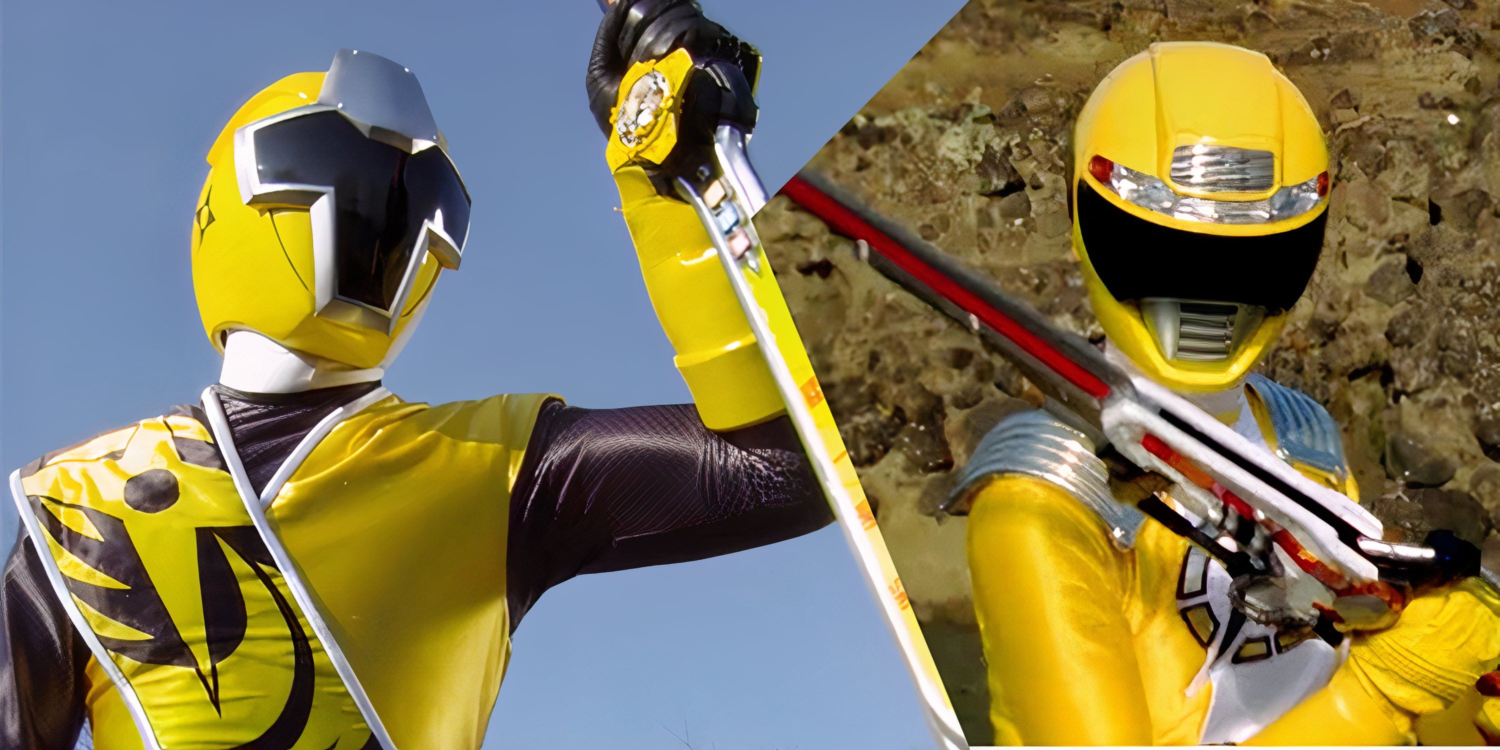 A split image of the Yellow Rangers from Ninja Steel and Operation Overdrive in Power Rangers