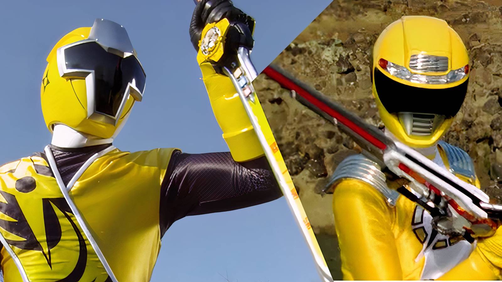 A split image of the Yellow Rangers from Ninja Steel and Operation Overdrive in Power Rangers