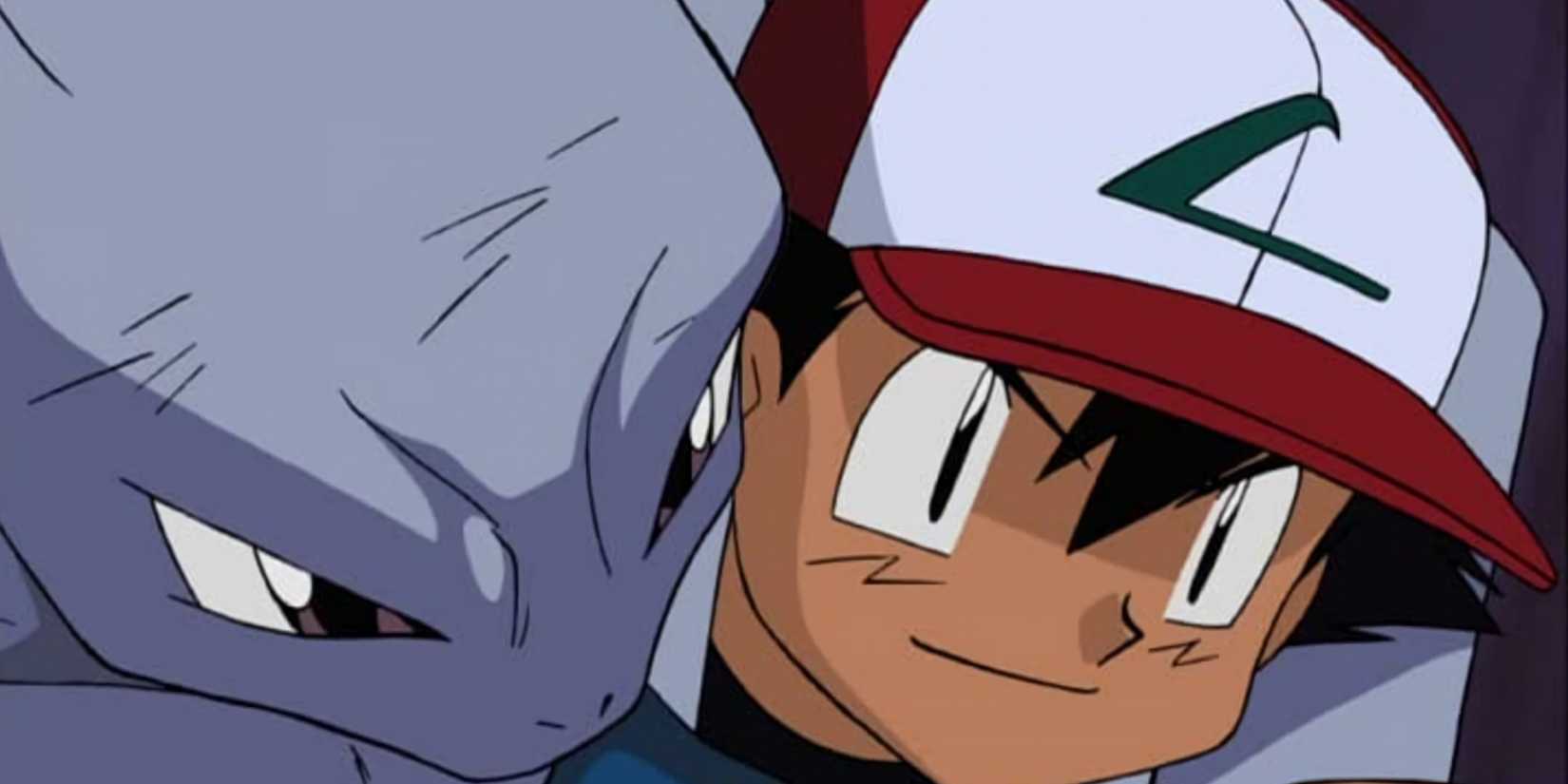 Ash carrying Mewtwo, who is injured after fighting Team Rocket.