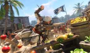 Edward Kenway from Assassin's Creed Black Flag Resynced escaping enemies while leaping through a merchant's food stand.