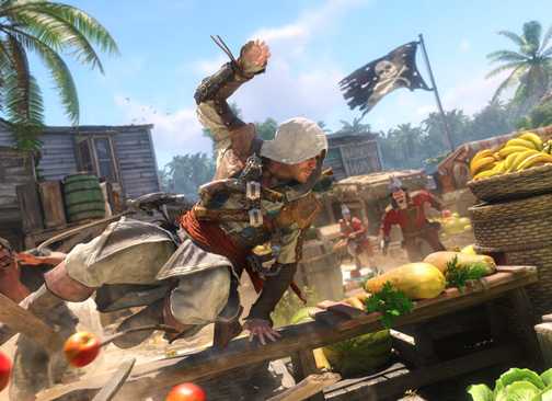 Edward Kenway from Assassin's Creed Black Flag Resynced escaping enemies while leaping through a merchant's food stand.