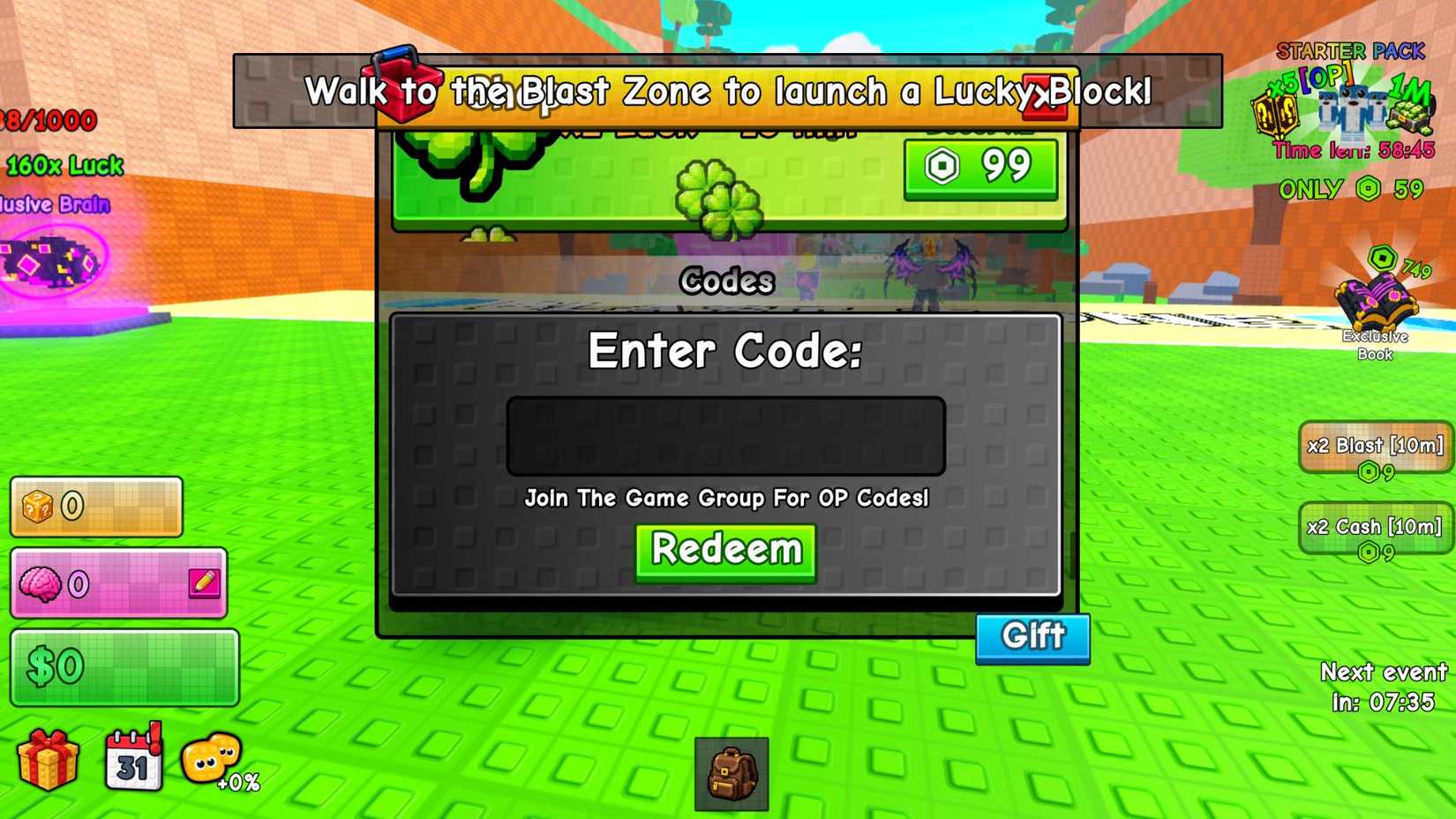 Brainblast a Lucky Block code tab
