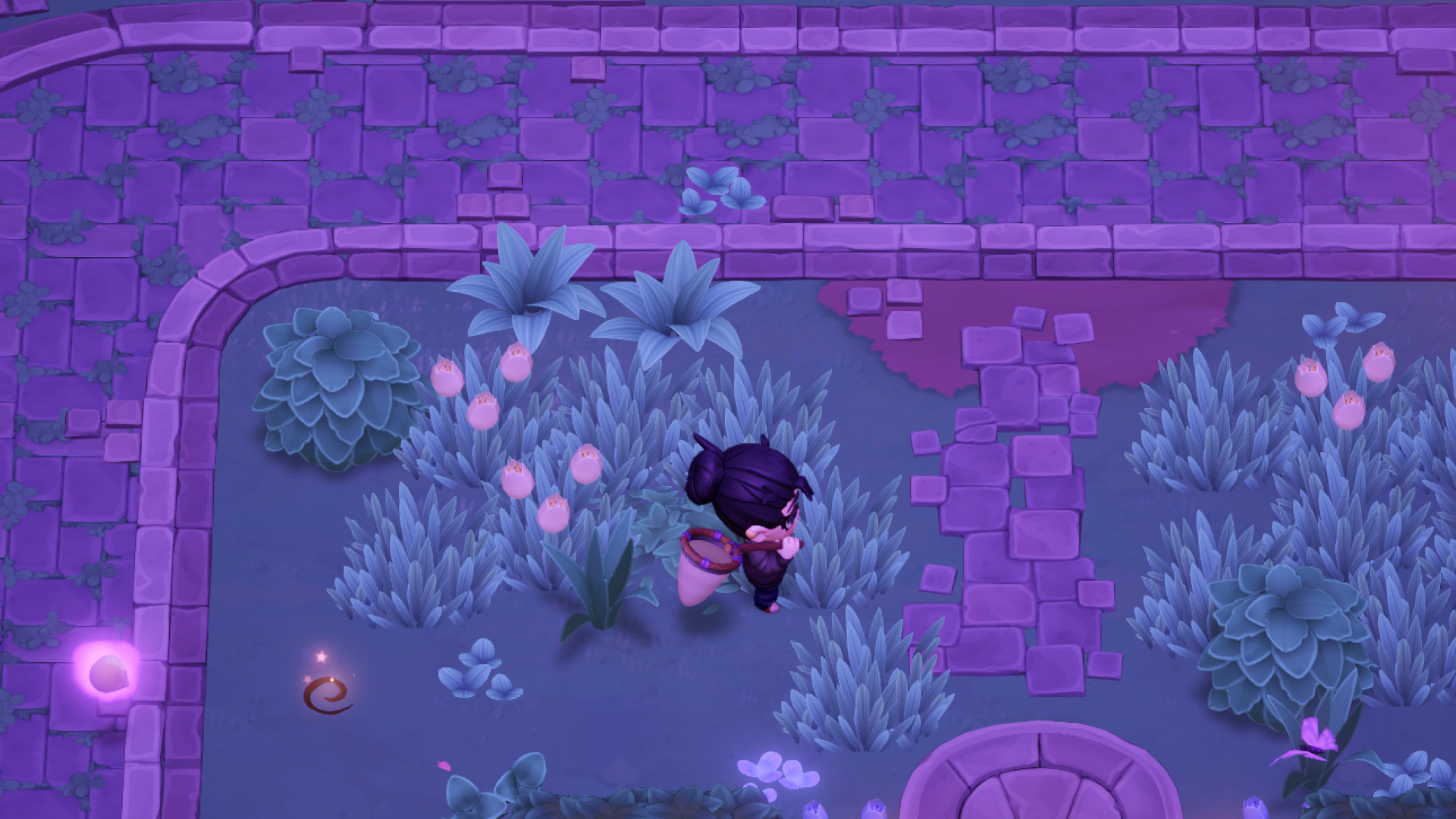 A crescent moon character holding a web next to a blob of skulls and a bug
