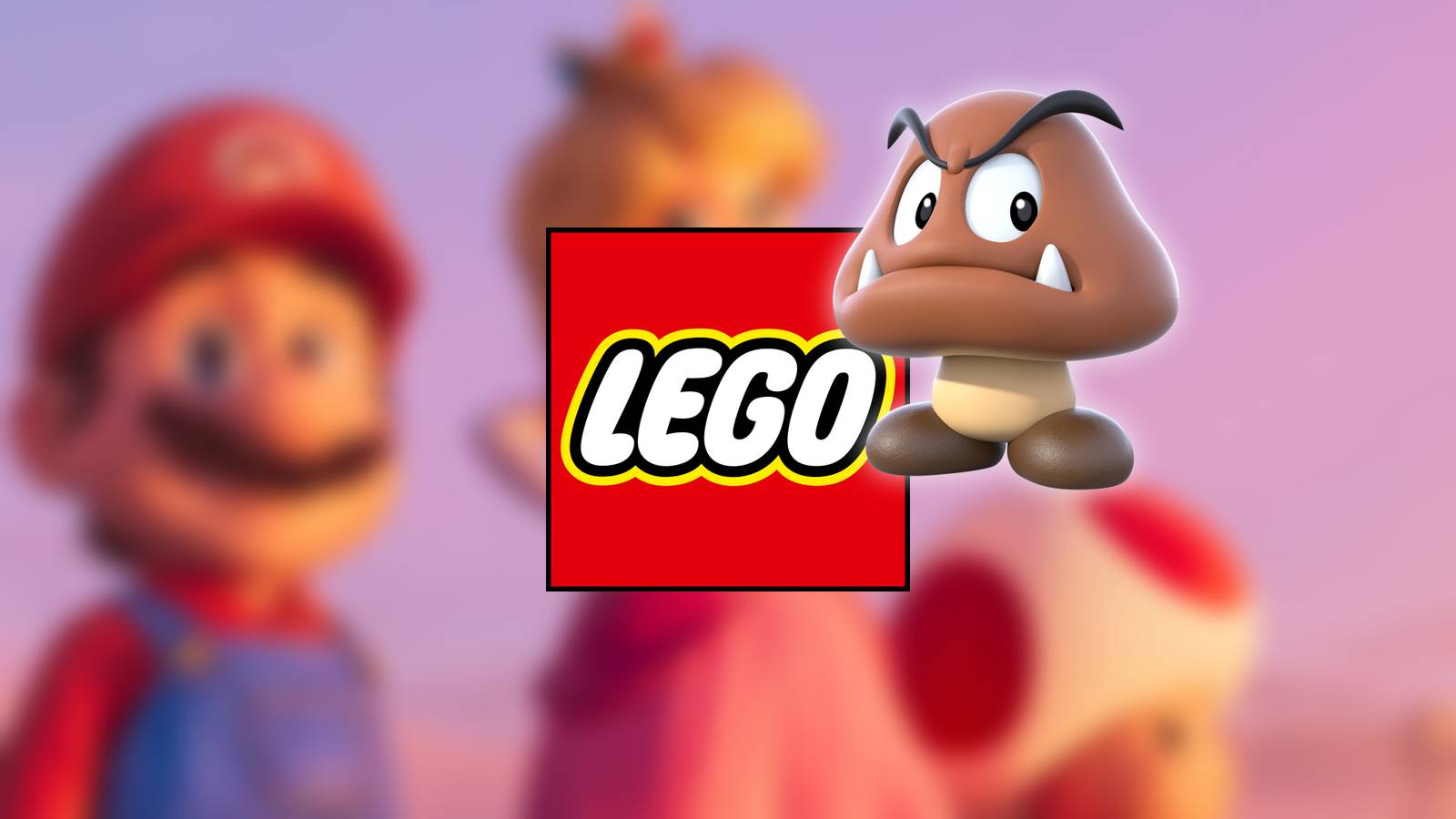 A blurred image of the Super Mario Galaxy movie with LEGO's logo and a Goomba as overlays