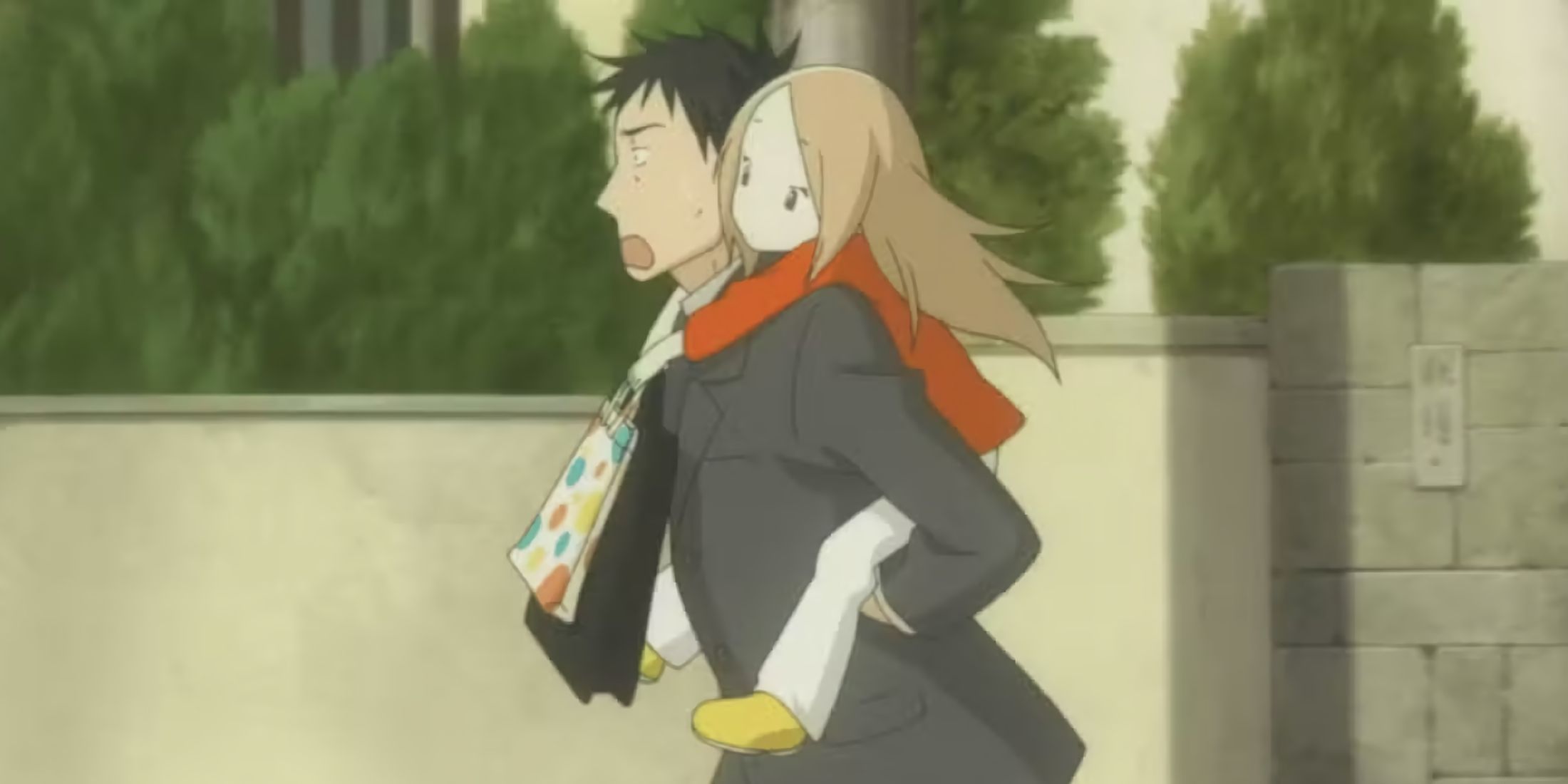 Daikichi is carrying Rin to school.