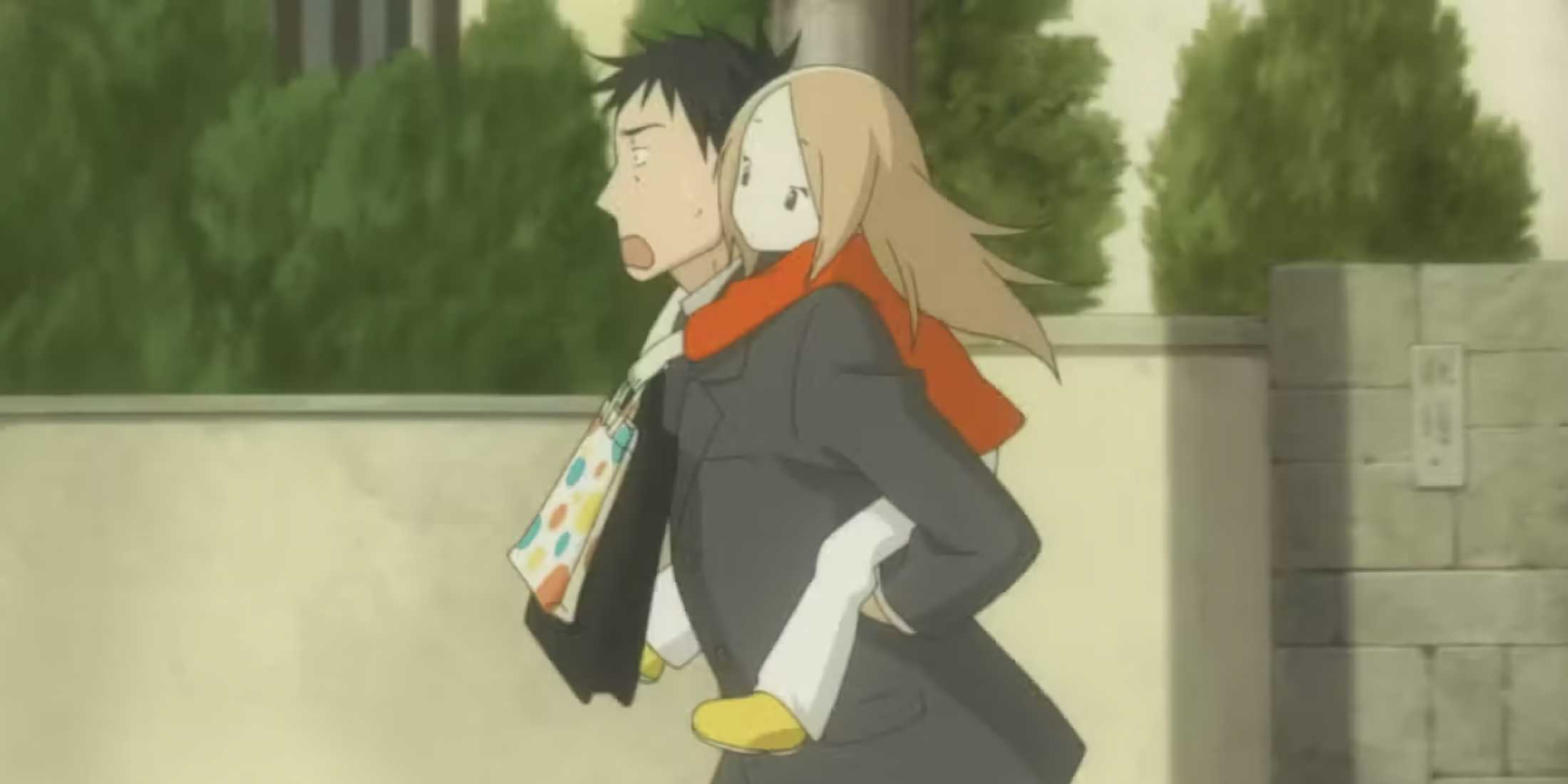 Daikichi is carrying Rin to school.