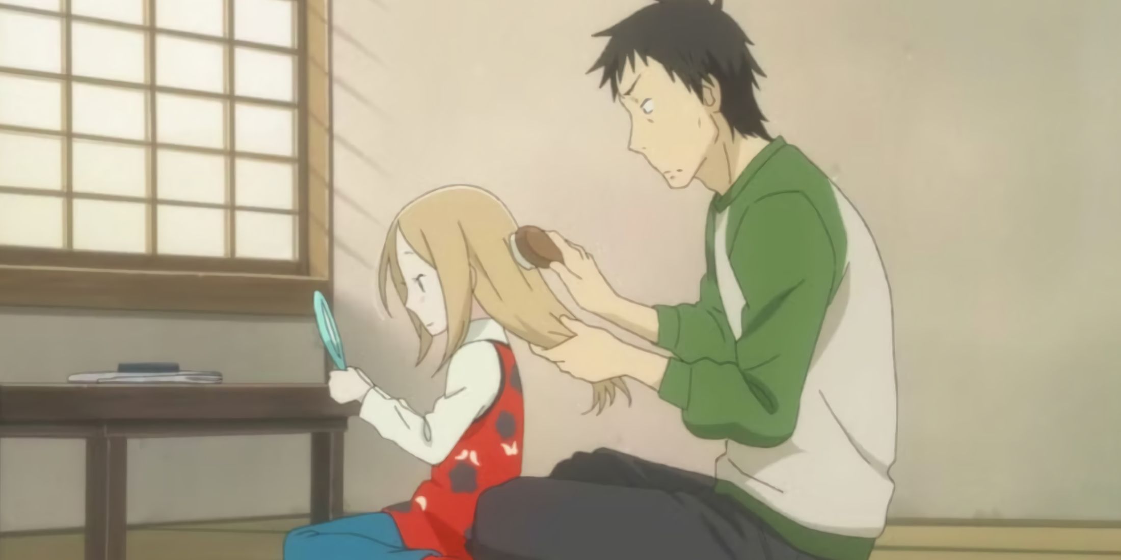 Daikichi helps Rin get ready for her first day of school. 