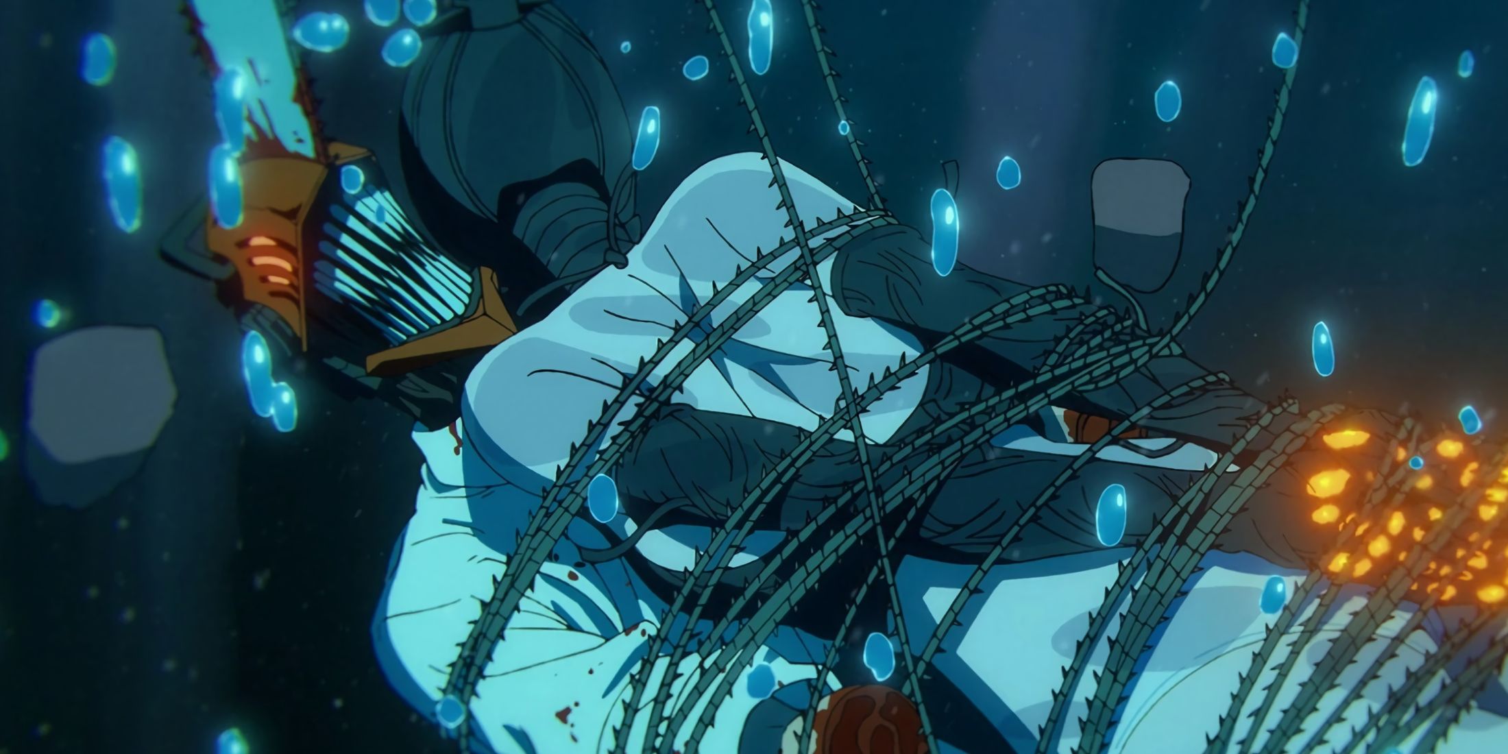 Denji and Reze sinking after the boy drags them inside the ocean.