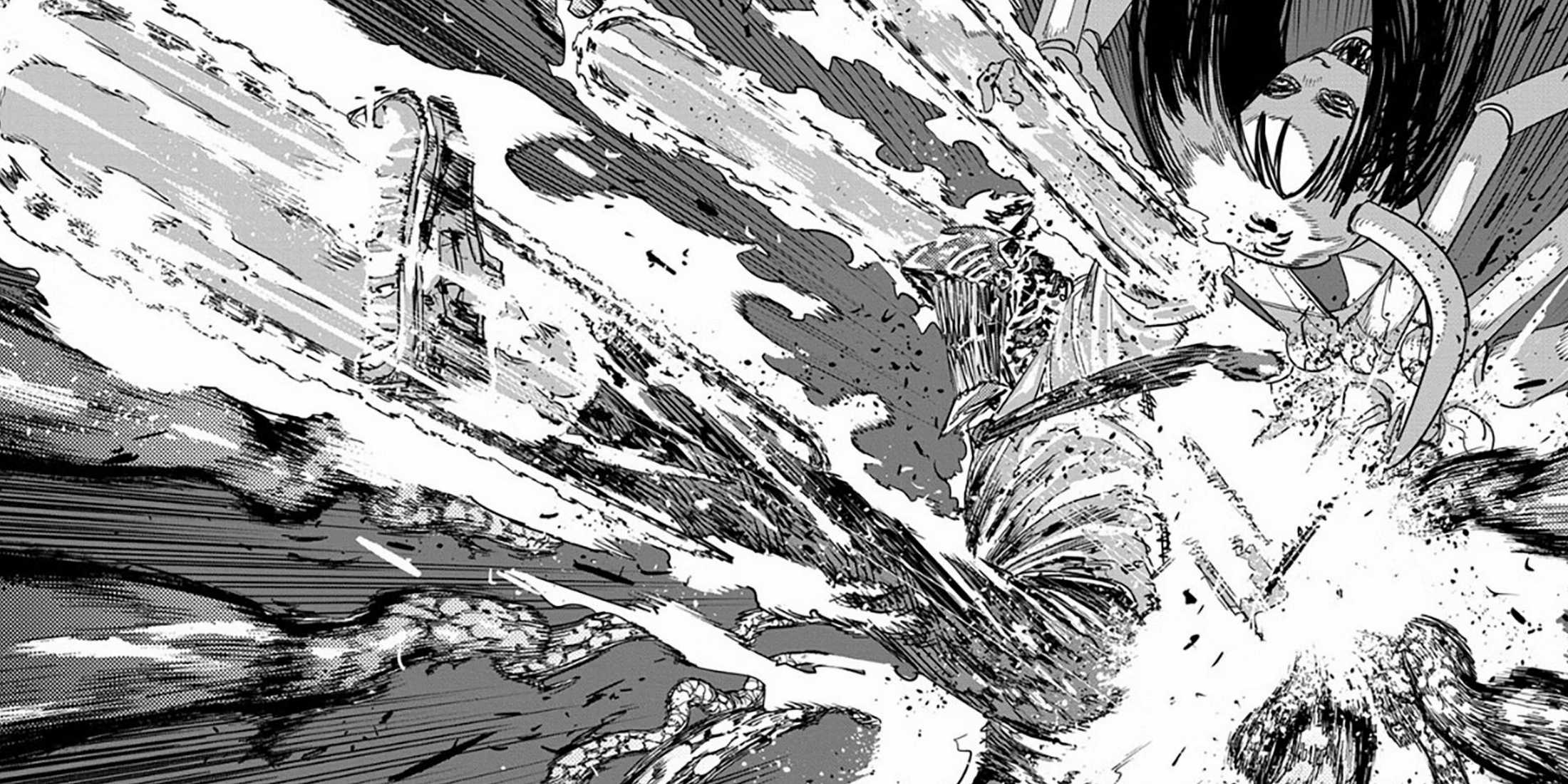 Denji covered in fire attacks Santa Claus, burning her body.