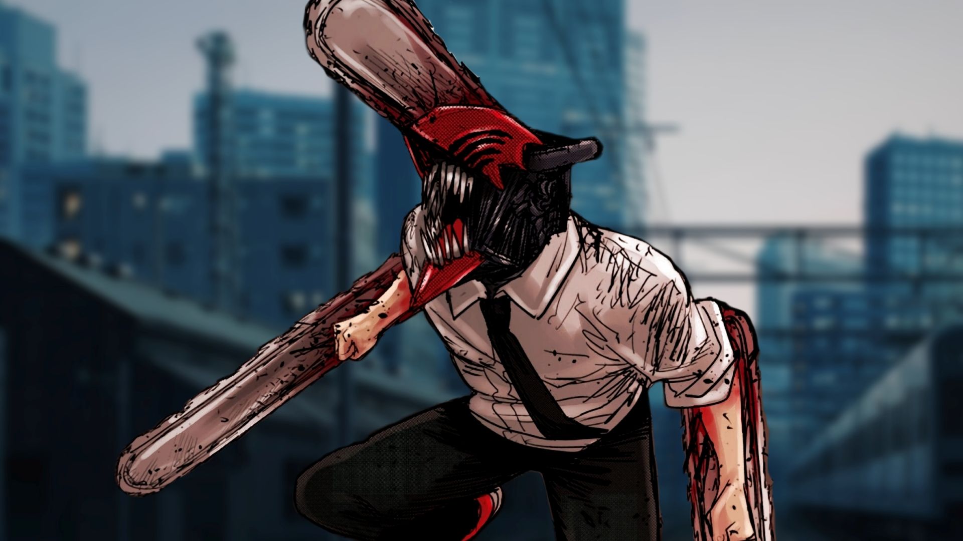 Denji launches into battle in his Chainsaw Man form with the city behind him. 