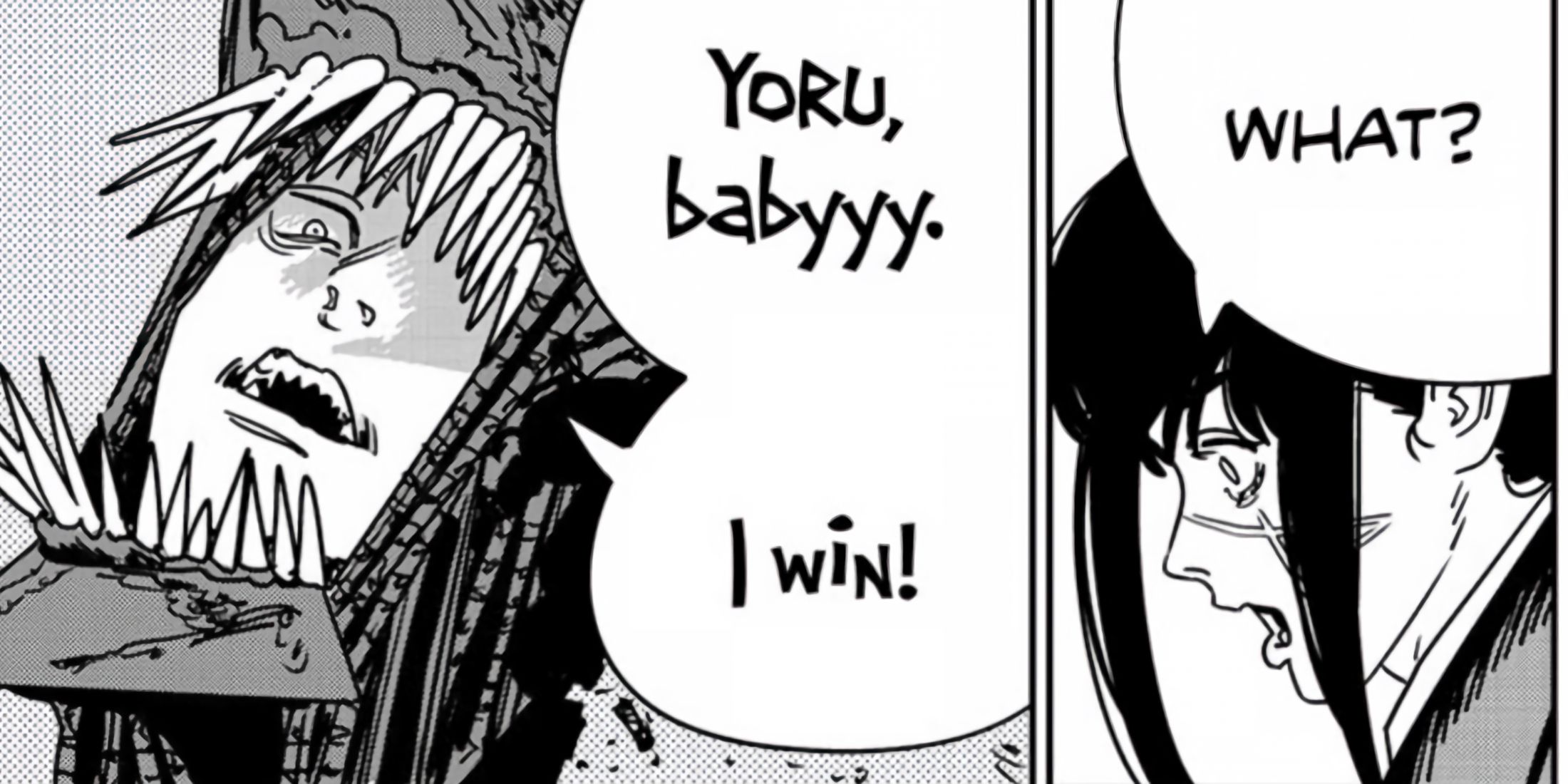 Denji tells Yoru he won after he supposedly beat her in rock, paper, scissors. 