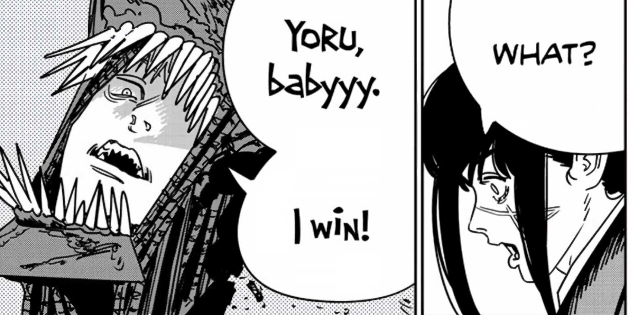 Denji tells Yoru he won after he supposedly beat her in rock, paper, scissors.