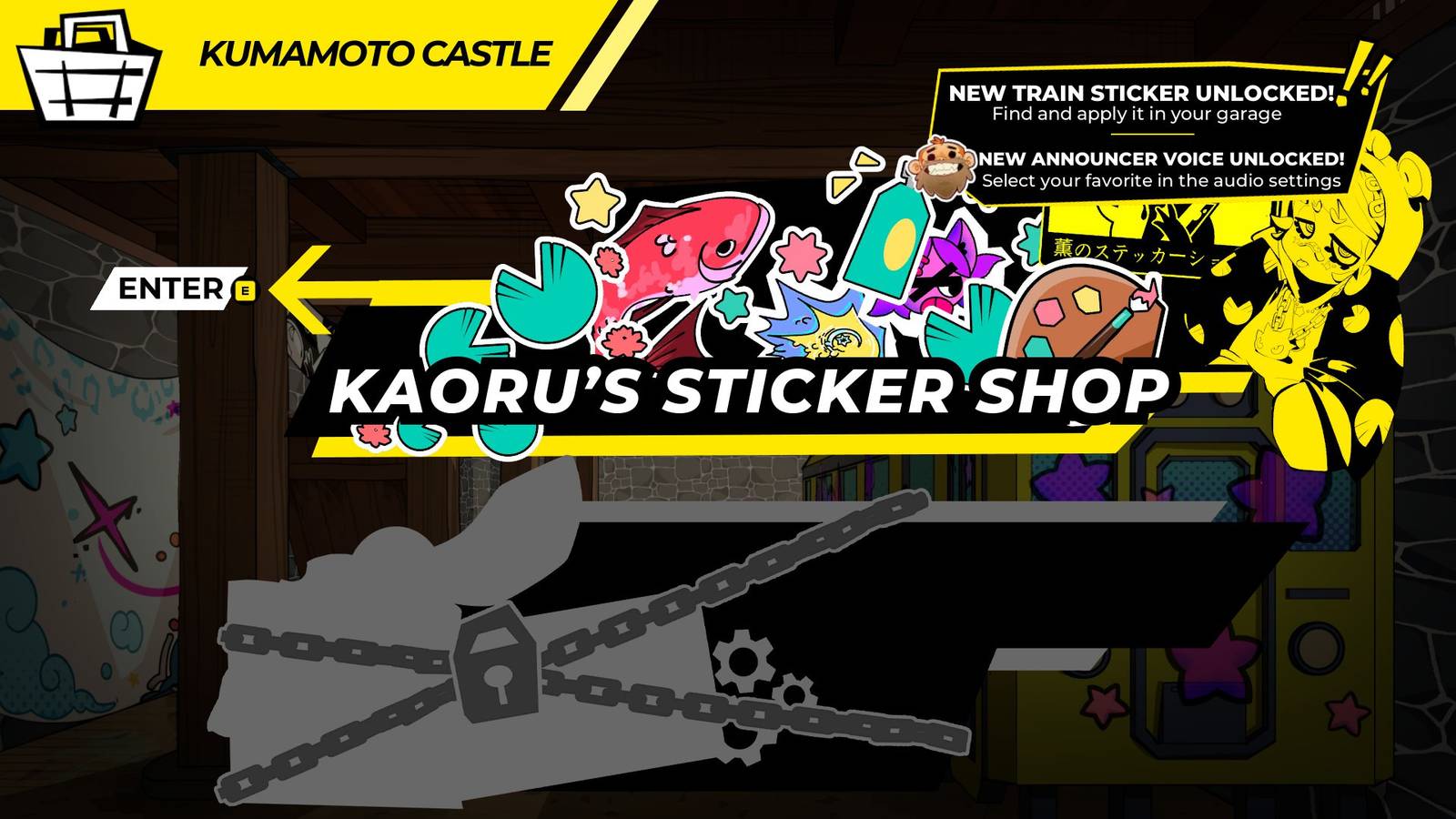 Using a creator code to unlock a sticker and announcer voice in Denshattack.