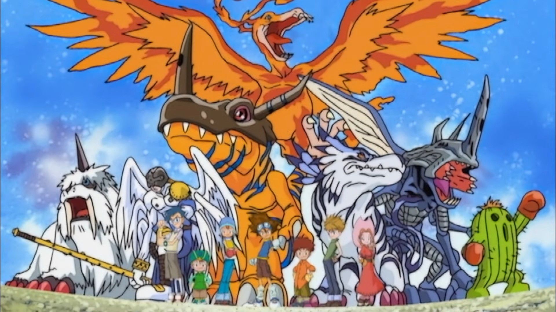 The main cast of Digimon adventures with their champion-level Digimon partners.