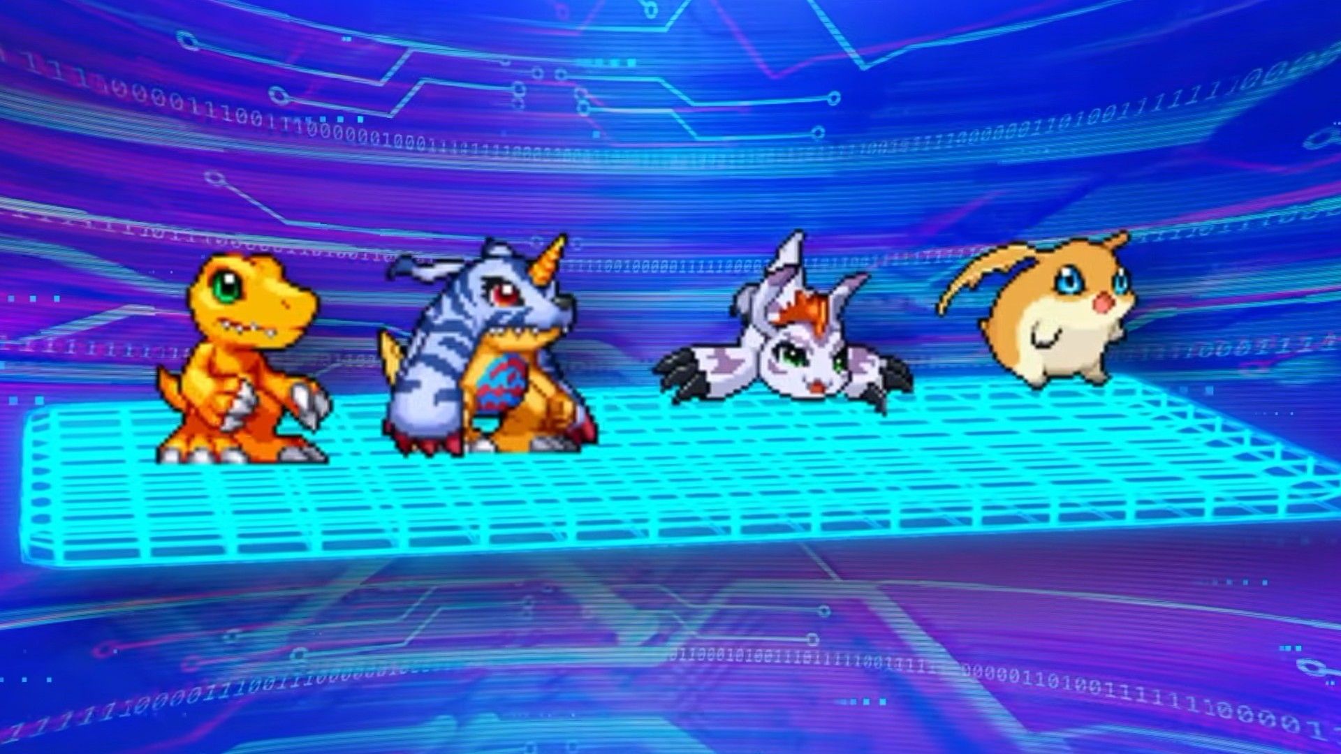 Four Digimon from Digimon Up, named Agumon, Gabumon, Gomamon, and Patamon, face the right side of the screen.
