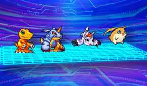Four Digimon from Digimon Up, named Agumon, Gabumon, Gomamon, and Patamon, facing the right side of the screen.