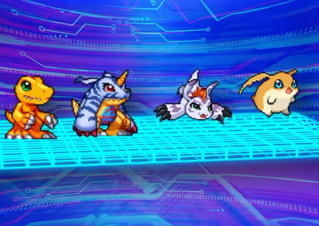 Four Digimon from Digimon Up, named Agumon, Gabumon, Gomamon, and Patamon, facing the right side of the screen.