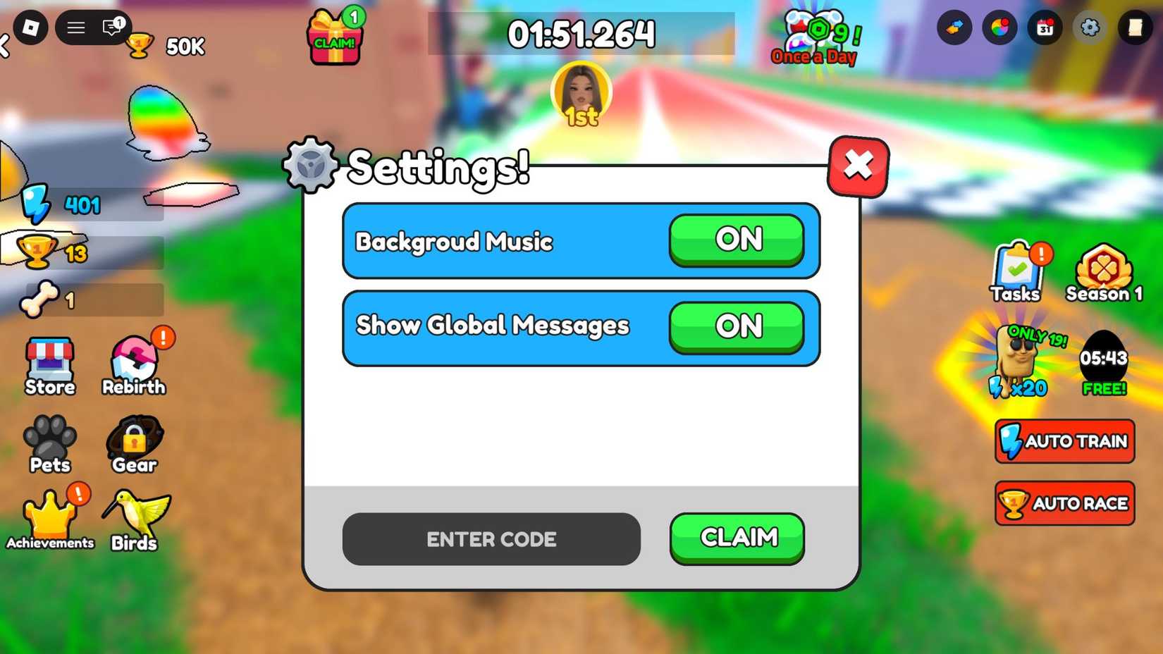 Dog race on the codes tab