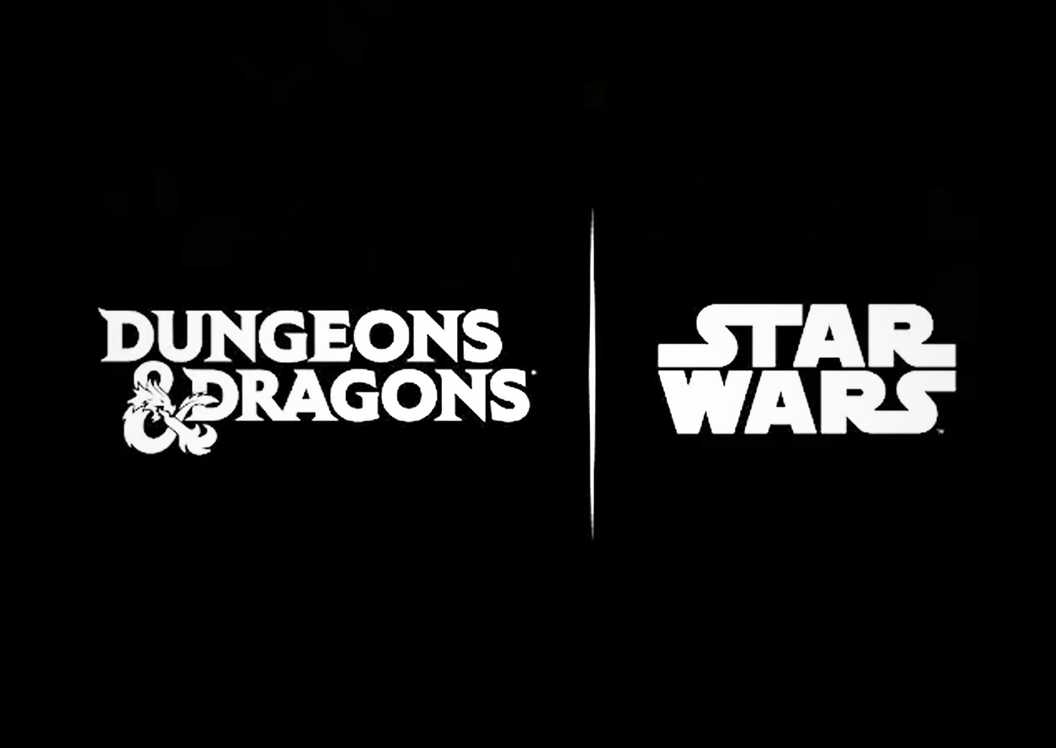Dungeons and Dragons x Star Wars white logos on black background