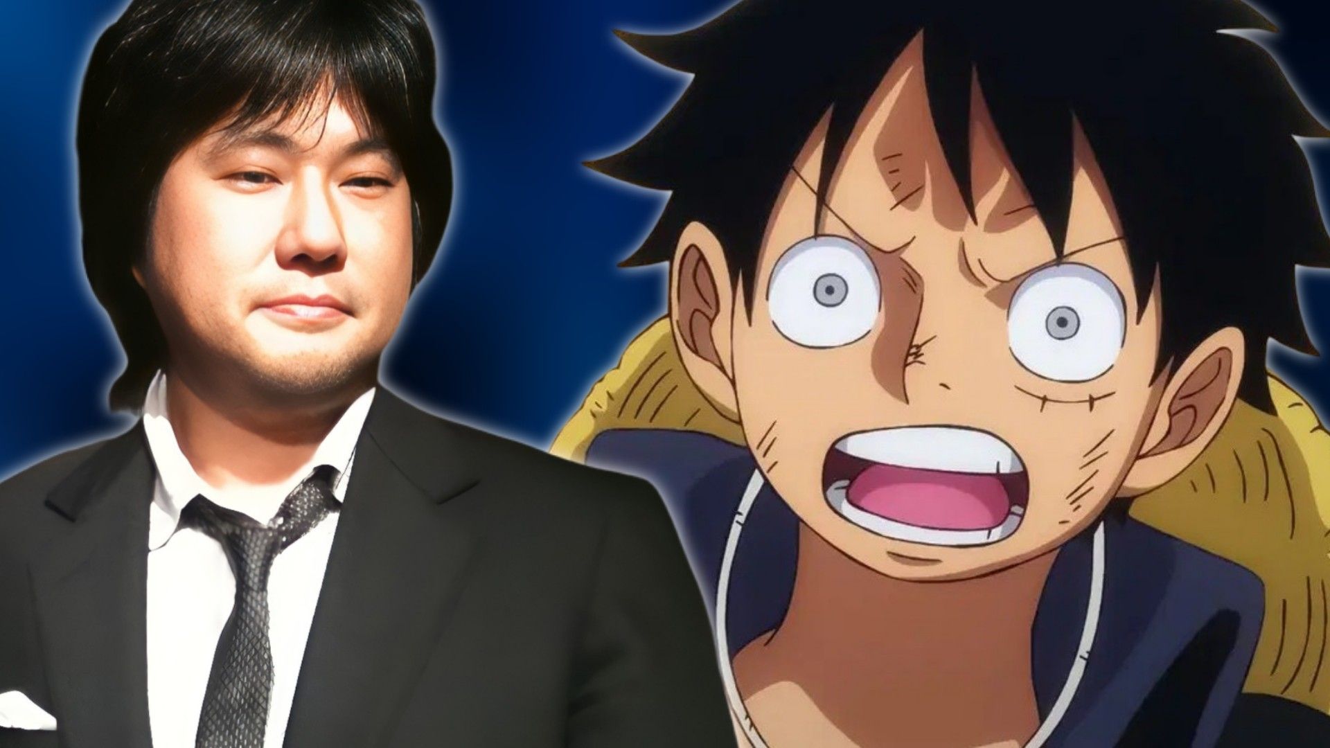 Image of Eiichiro Oda next to Luffy from One Piece