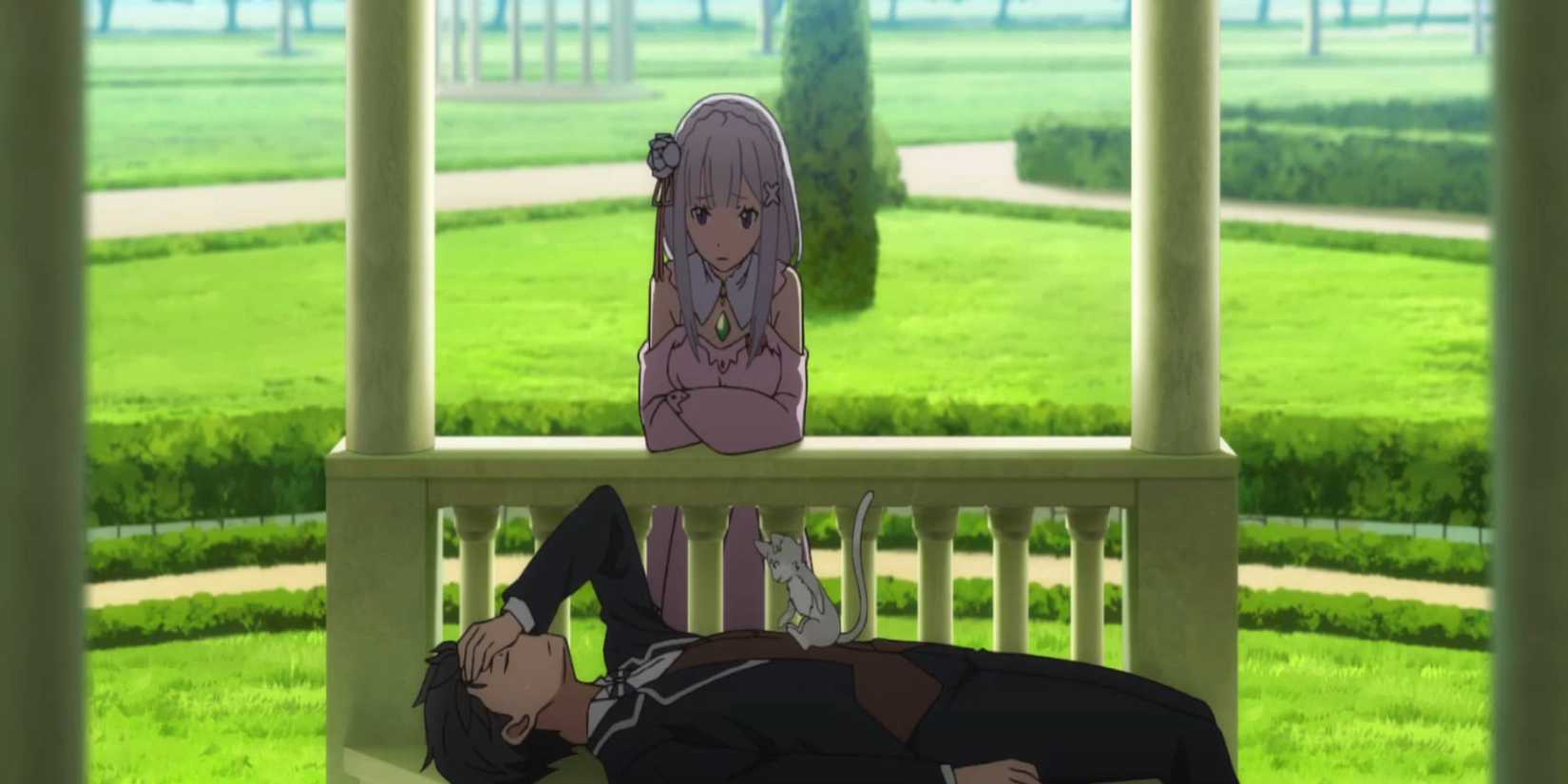 Emilia looking worridly at Subaru laying down with Puck on his chest in a Gazebo seen in Season 1 Episode 8 ReZero Starting Life in Another World