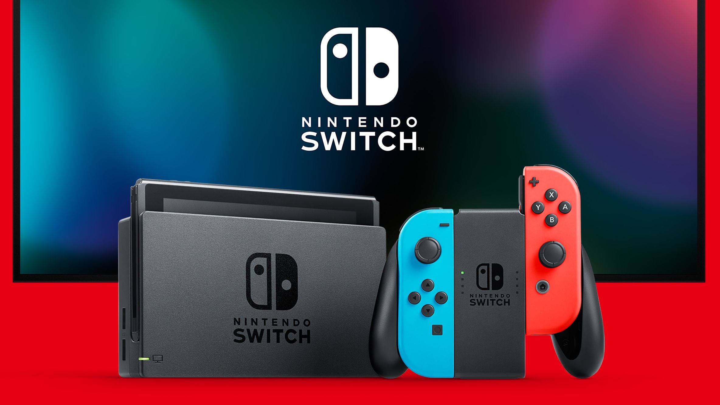 A Nintendo Switch console and TV screen with the Switch logo