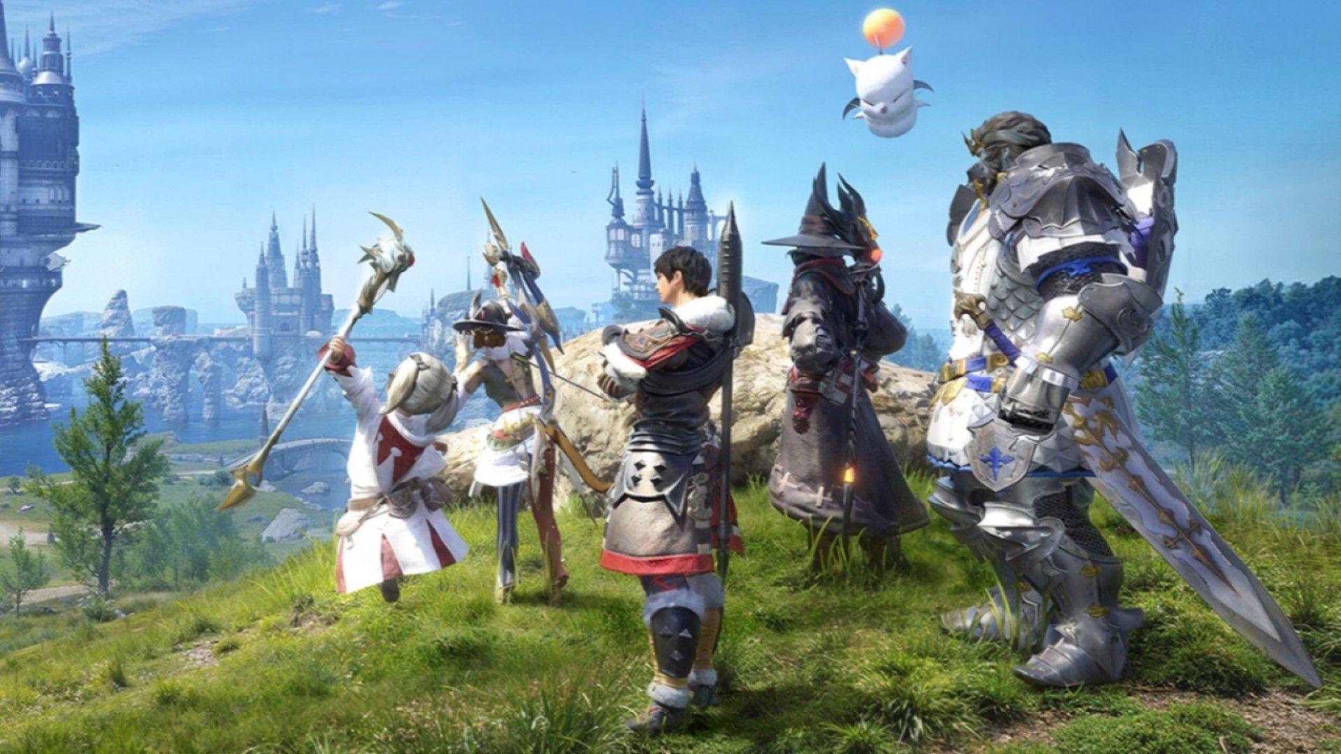 A Warrior, White Mage, Bard, Black Mage, and Paladin Final Fantasy 14 Mobile standing in the meadow of La Nocea