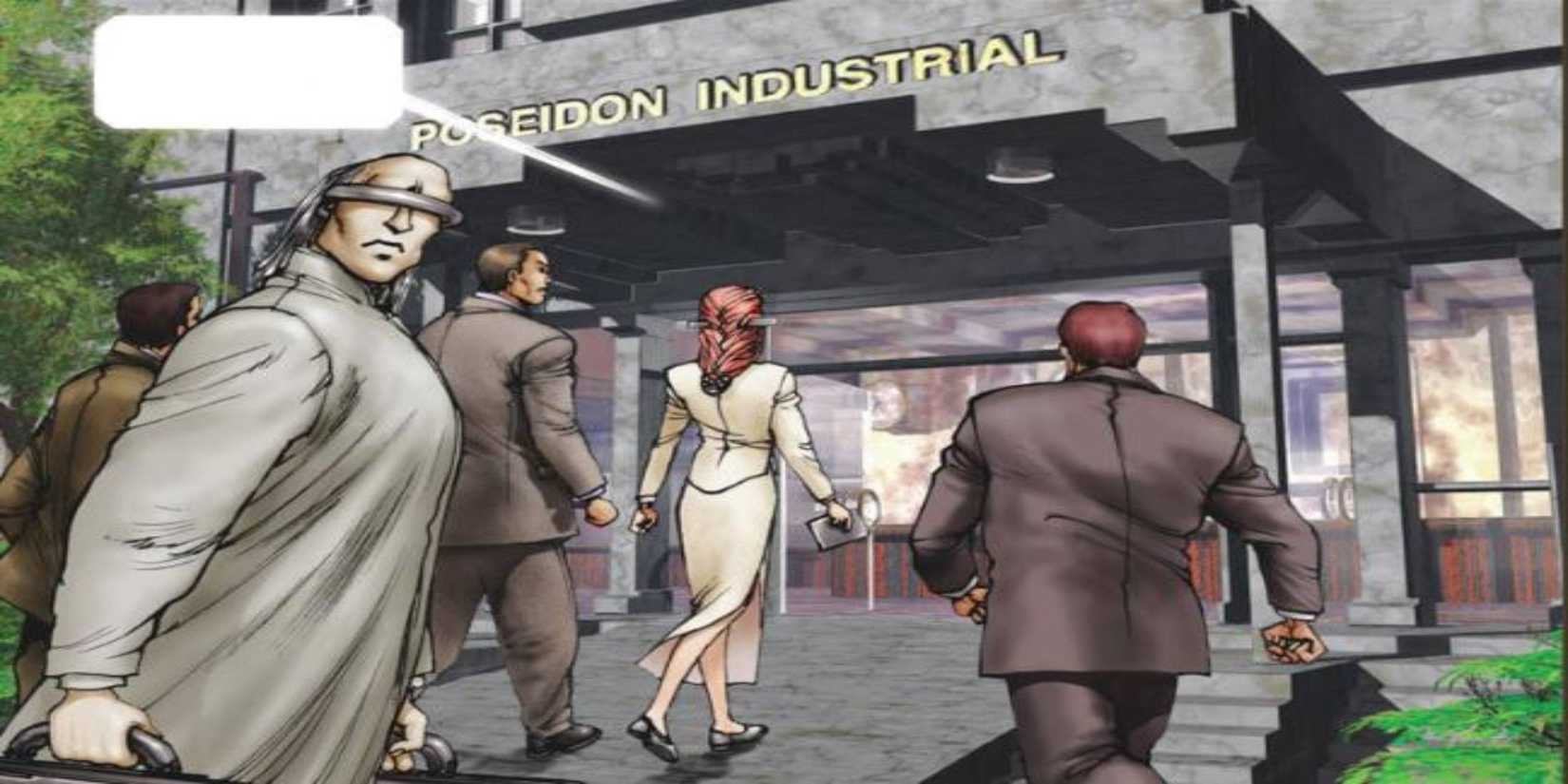 Five people walking into the entrance of Poseidon Industrial Co seen in Manga chapter 4 of Ghost in the Shell 2 Man Machine Interface