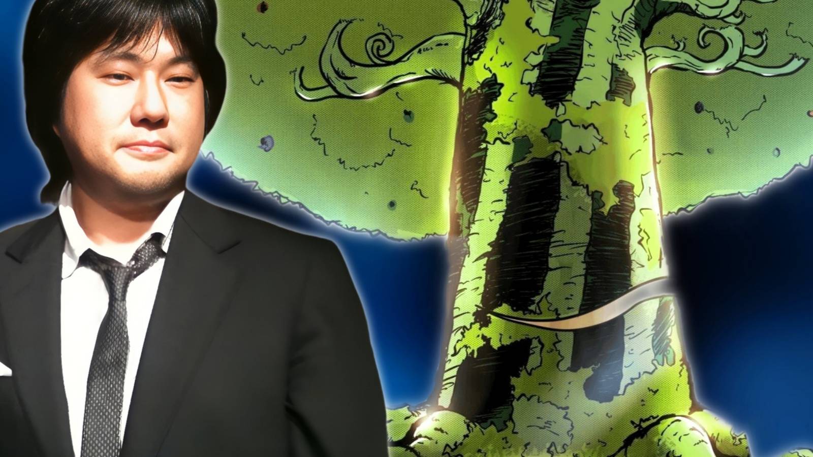 Image of Eiichiro Oda next to Forest in One Piece