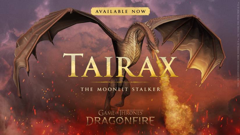 Official Game of Thrones Dragonfire artwork depicting Tairax, the so-called "Moonlit Stalker," breathing fire down below.