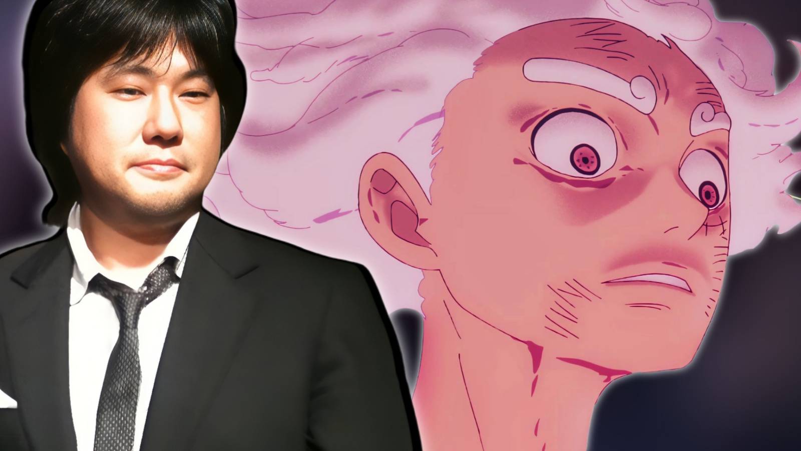 Image of One Piece author Eiichiro oda next to a shocked Luffy
