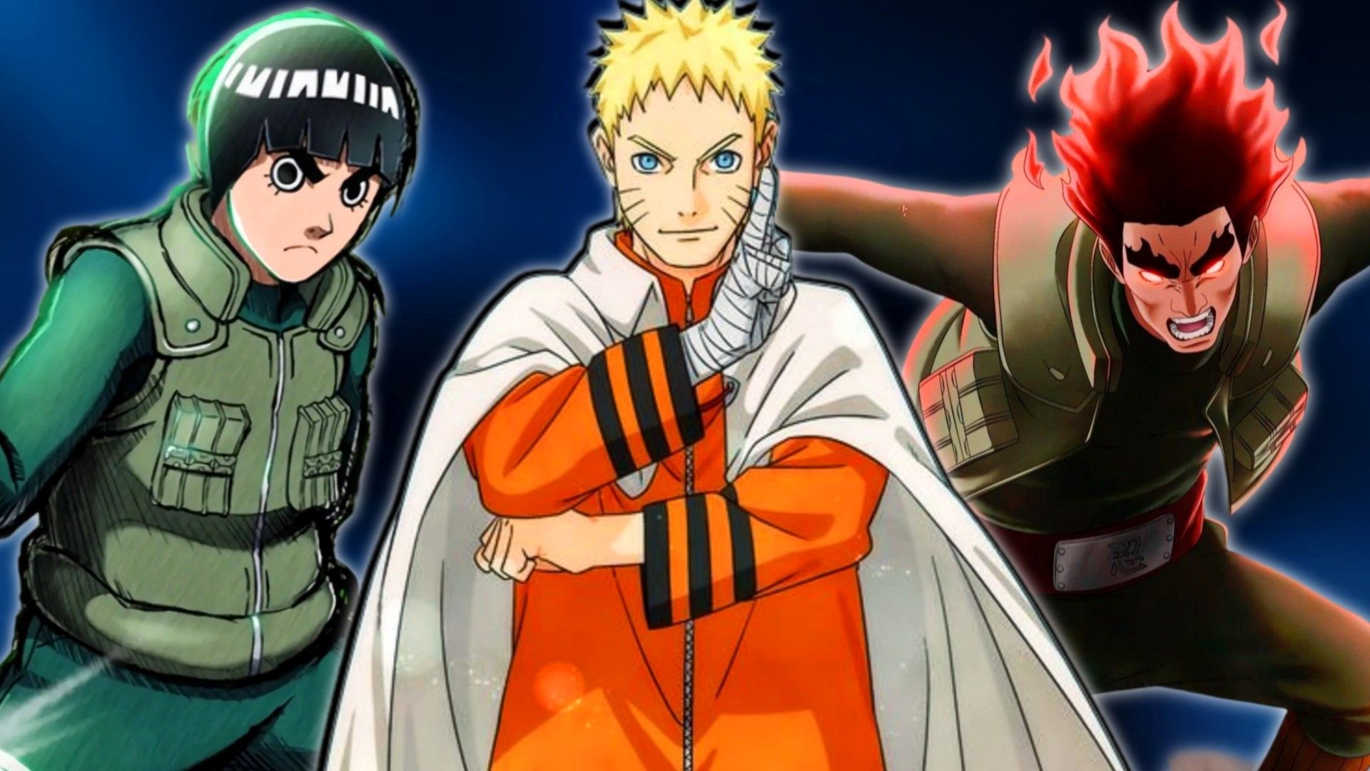 There is an image of Naruto Uzumaki, the god of Taijutus, next to Rock Lee and the Might guy.