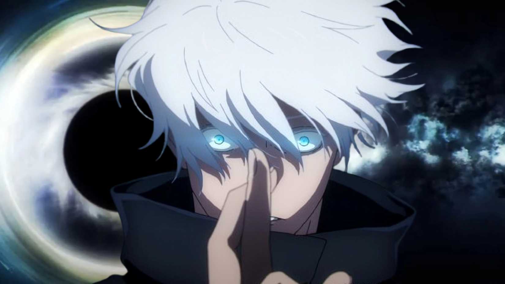 Gojo opening his Domain Expansion, Unlimited Void, standing in front of the visual representation of the technique.