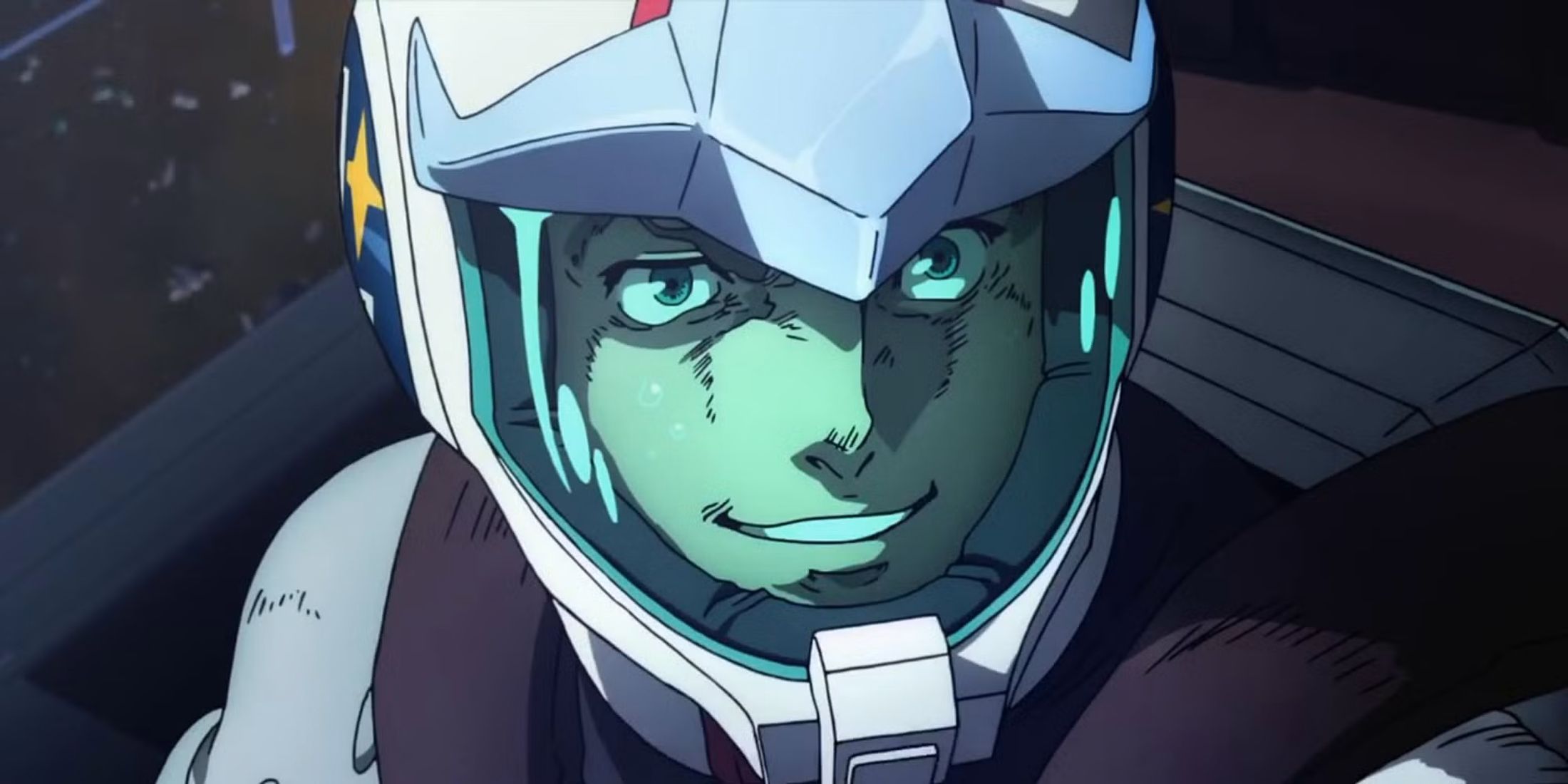 Io inside his Gundam, smiling as he speaks with his team.