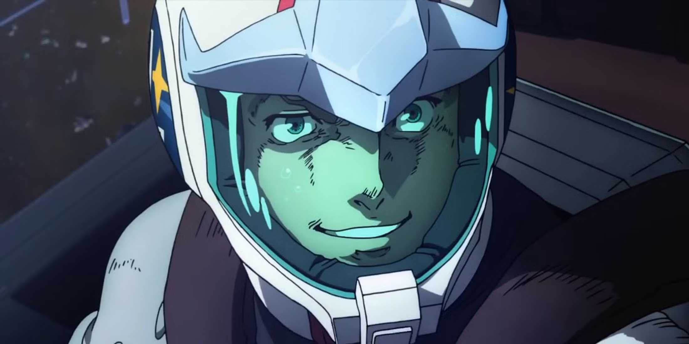 Io inside his Gundam, smiling as he speaks with his team.