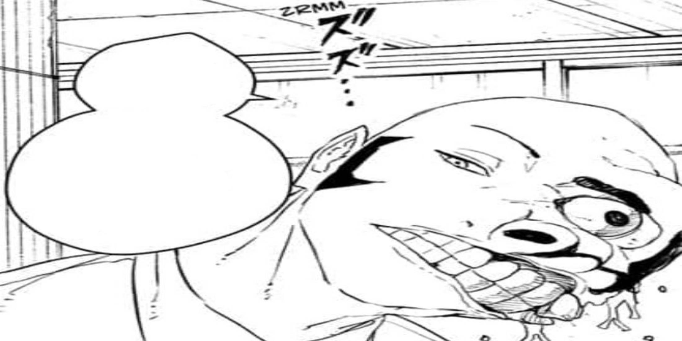 Kagurabachi Bingo starting to transform the leftside of his face in manga chapter 93