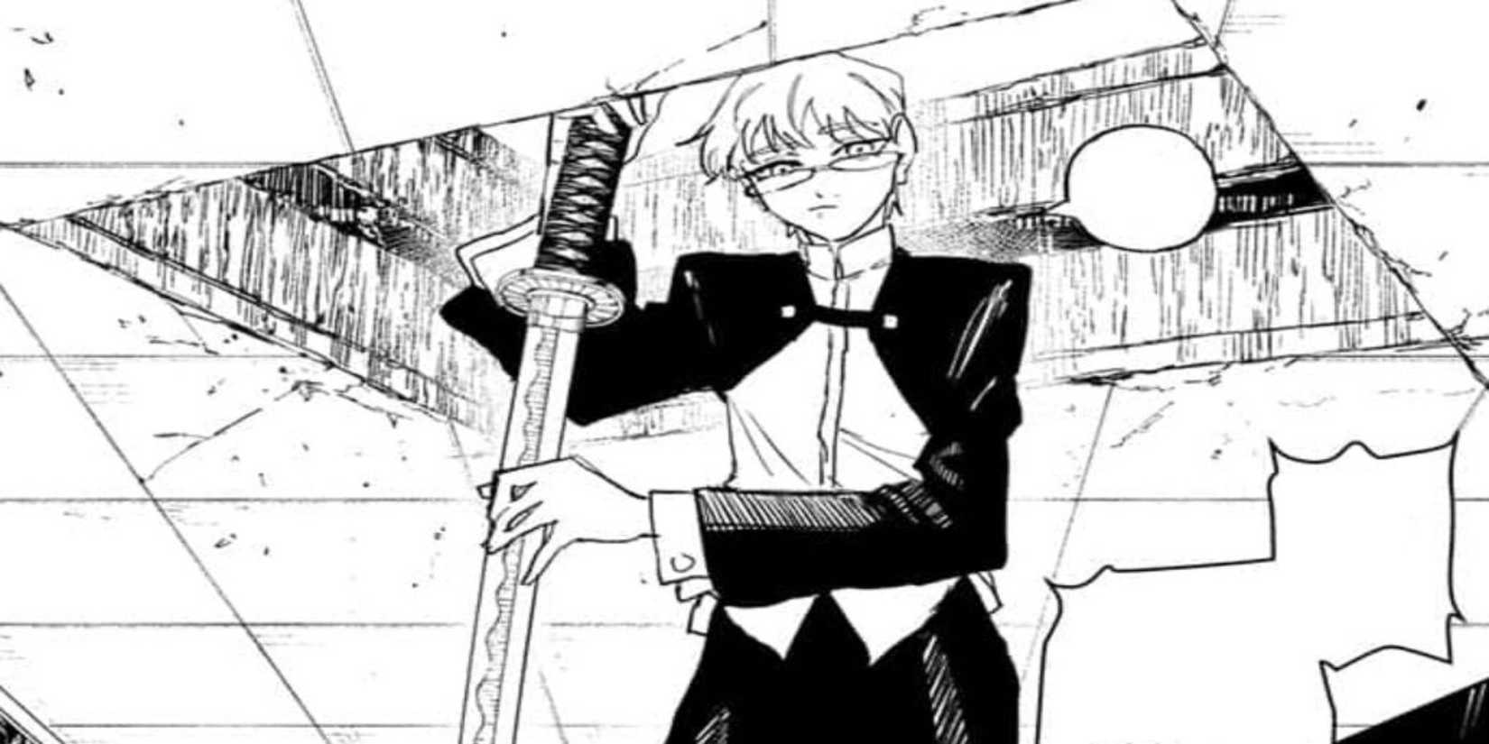 Kagurabachi Kiri Shirakai with her sword coming through a cutout section of the ceiling in manga chapter 88
