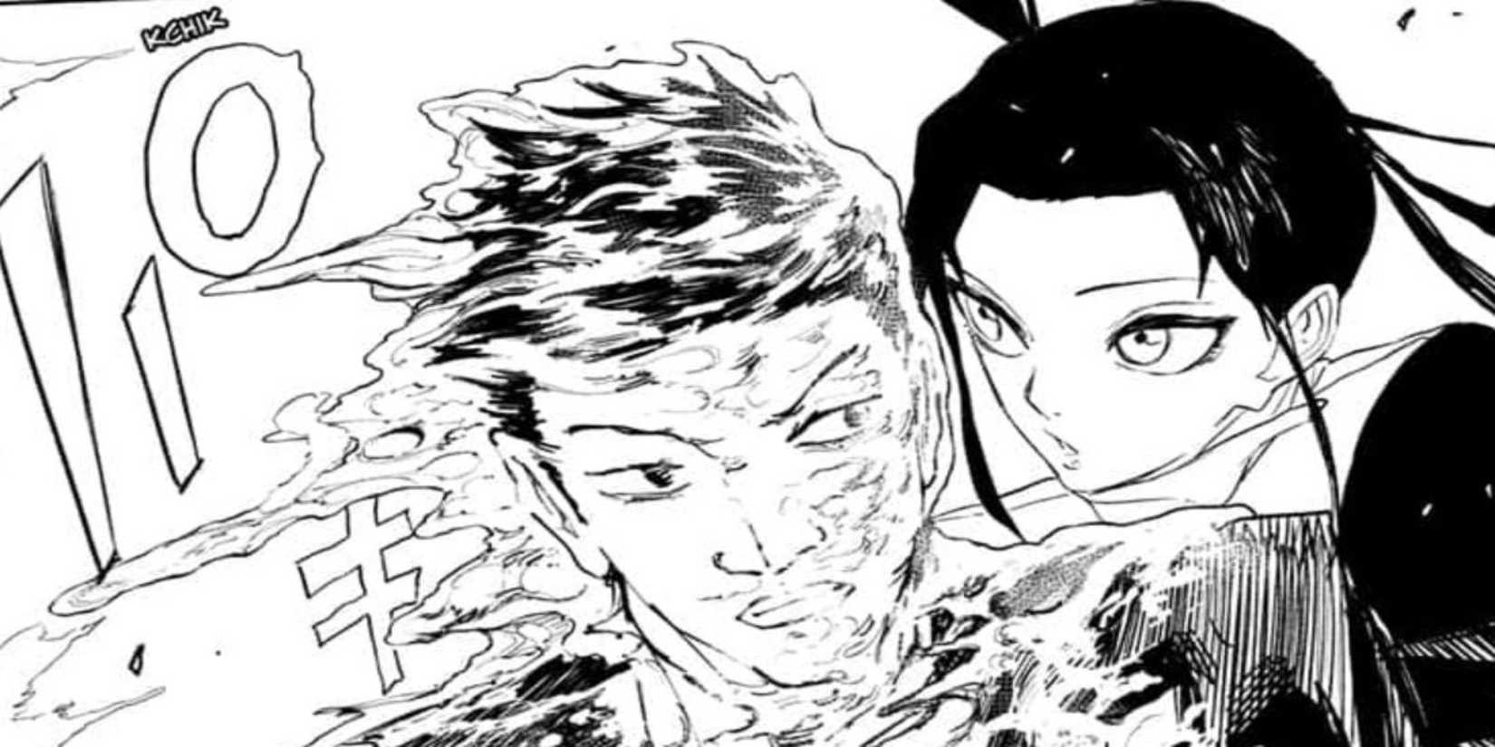 Kagurabachi Uran using her ability and freezing an unnamed Kamunabi agent in manga chapter 93
