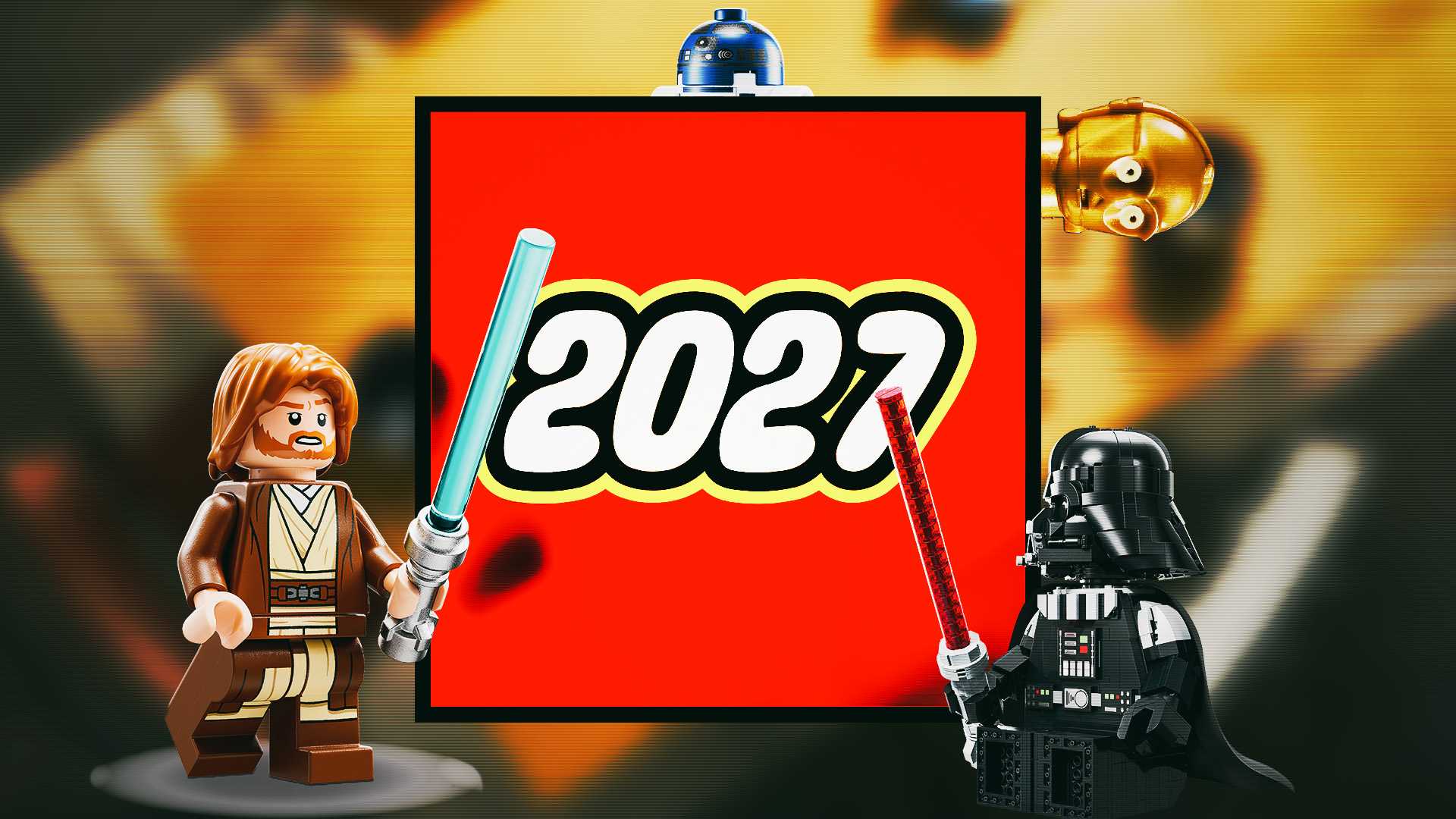 Darth Vader, C-3PO, and several other LEGO Star Wars minifigures surrounding a LEGO logo-style box that reads "2027."