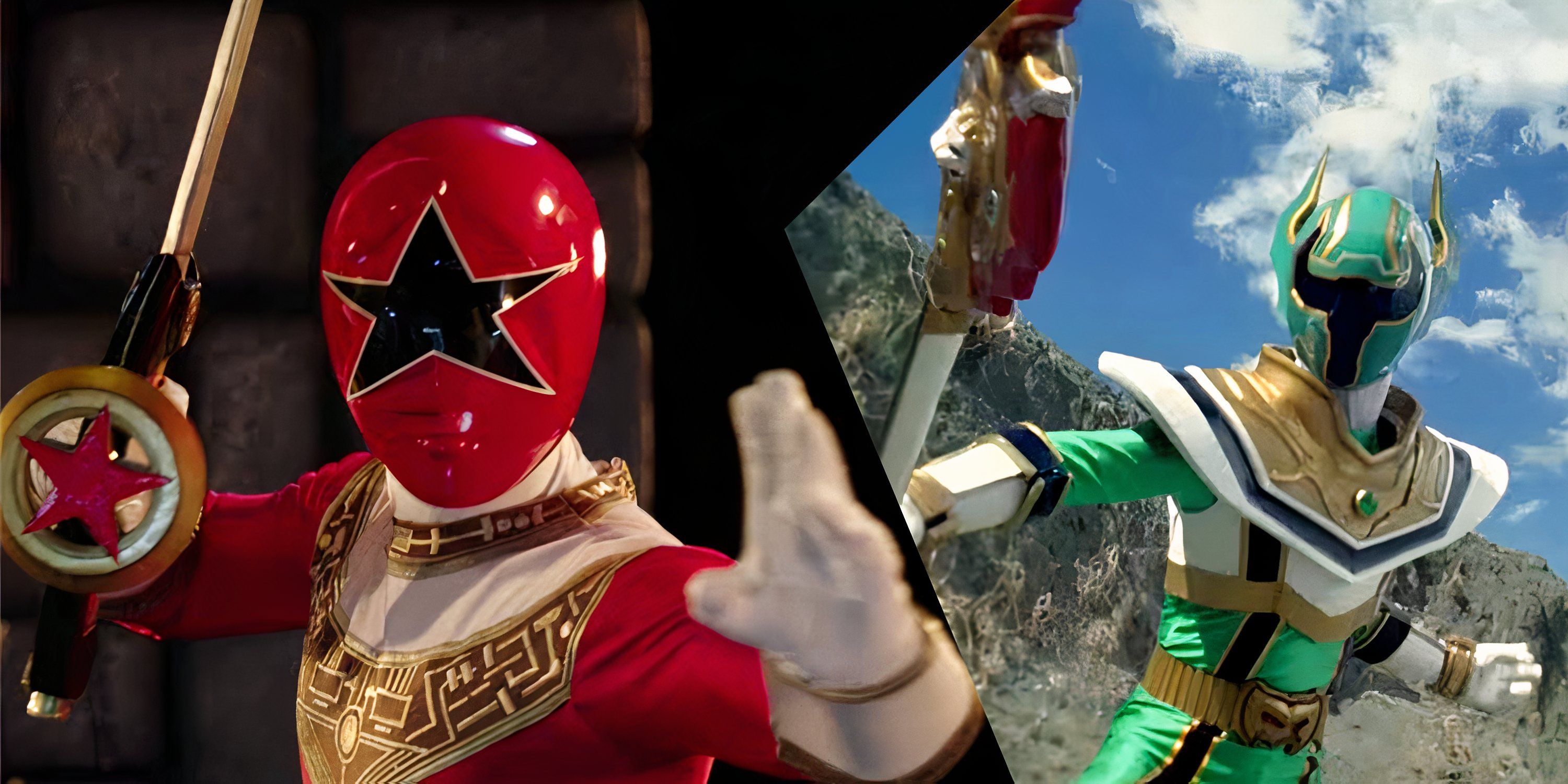 A split image of the Red Ranger from Power Rangers Zeo and the Green Ranger from Mystic Force