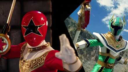 A split image of the Red Ranger from Power Rangers Zeo and the Green Ranger from Mystic Force