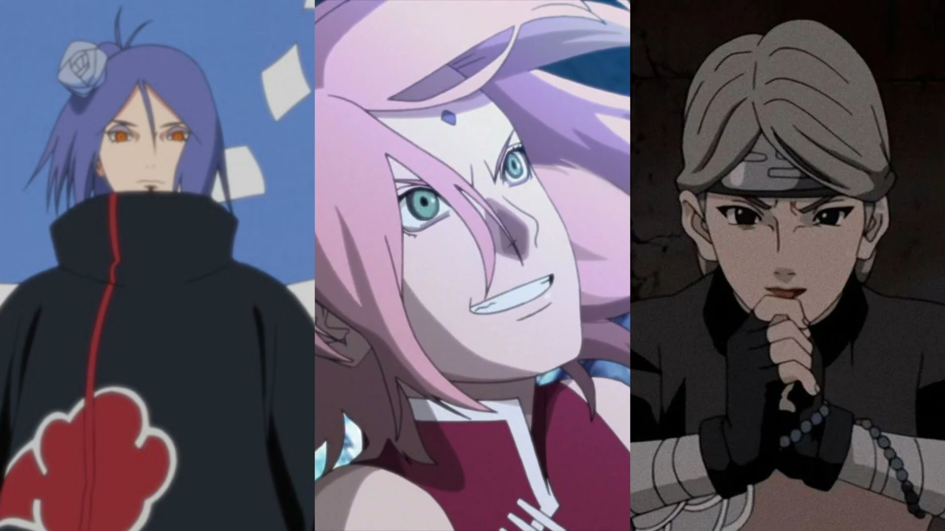 Konan, Sakura Haruno, and Yugito Nii in the midst of battle in the Naruto franchise.