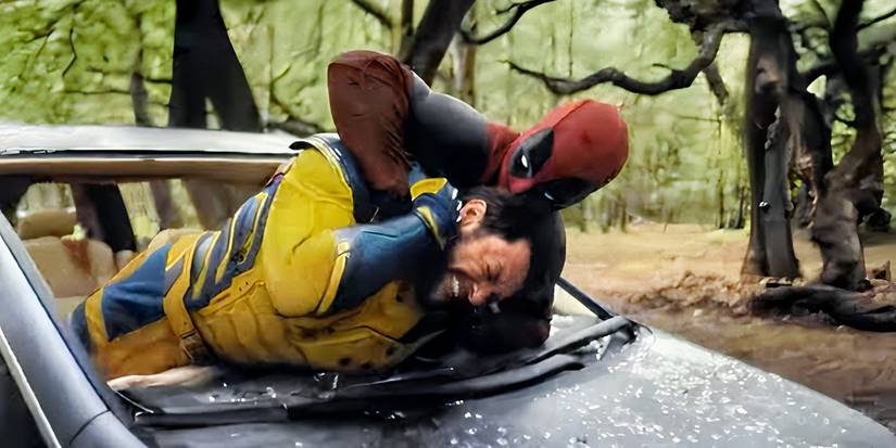 Deadpool and Wolverine fighting in a Honda