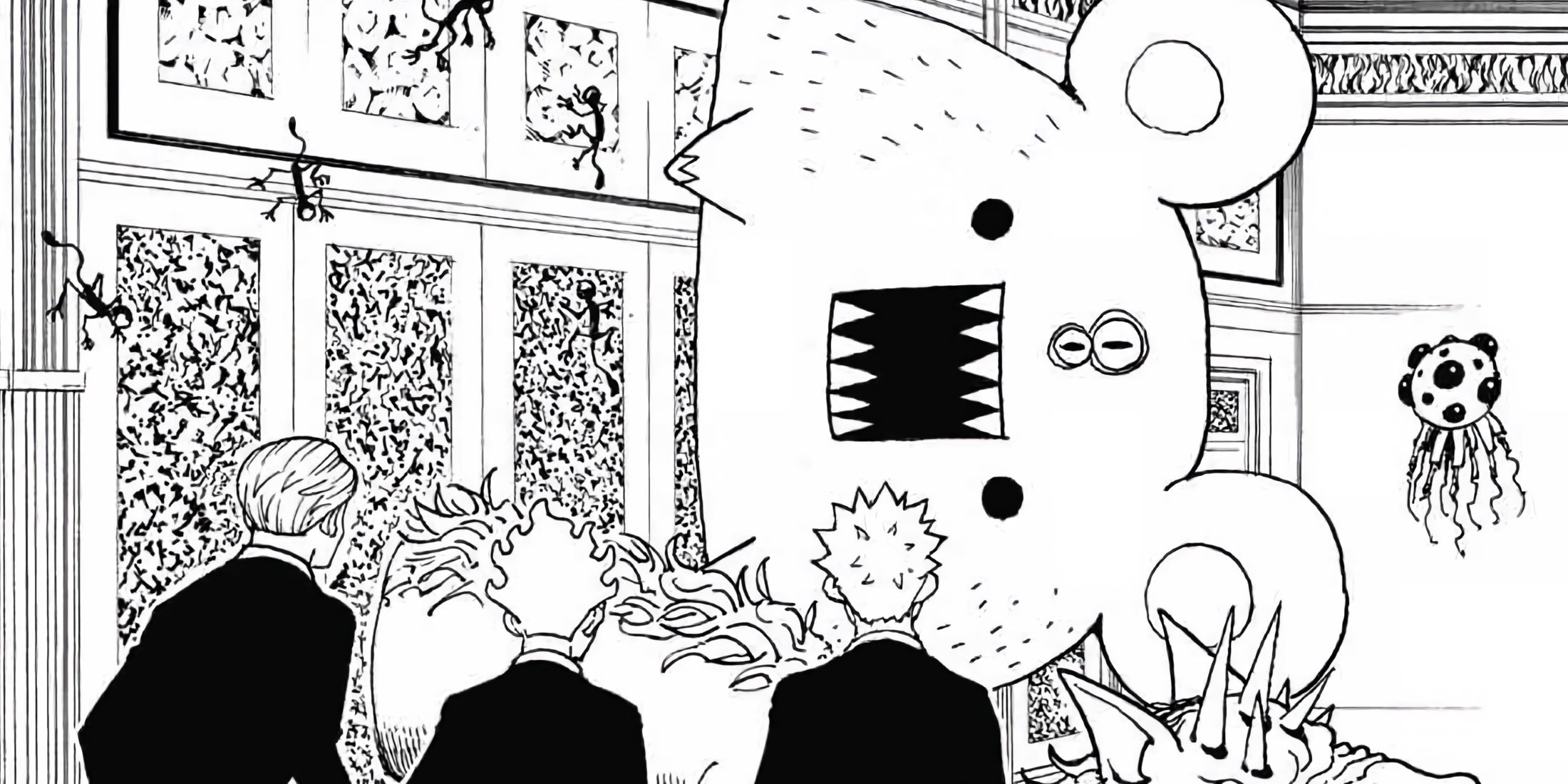 Momoze's Nen Beast grows in size and talks to a group of bodyguards.