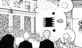 Momoze's Nen Beast grows in size and talks to a group of bodyguards.